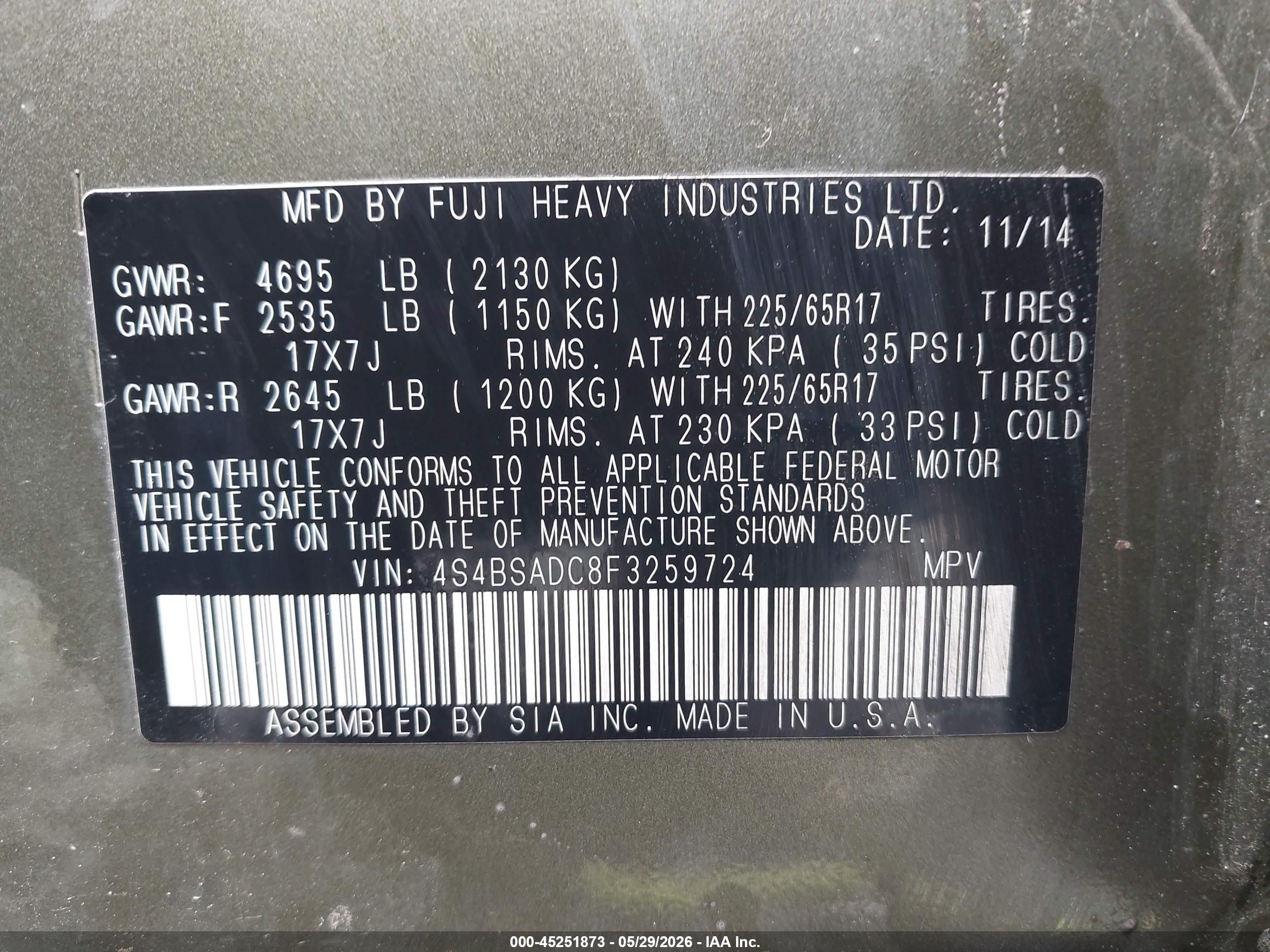 2015 Subaru Outback 2.5i Premium Green vin: 4S4BSADC8F3259724