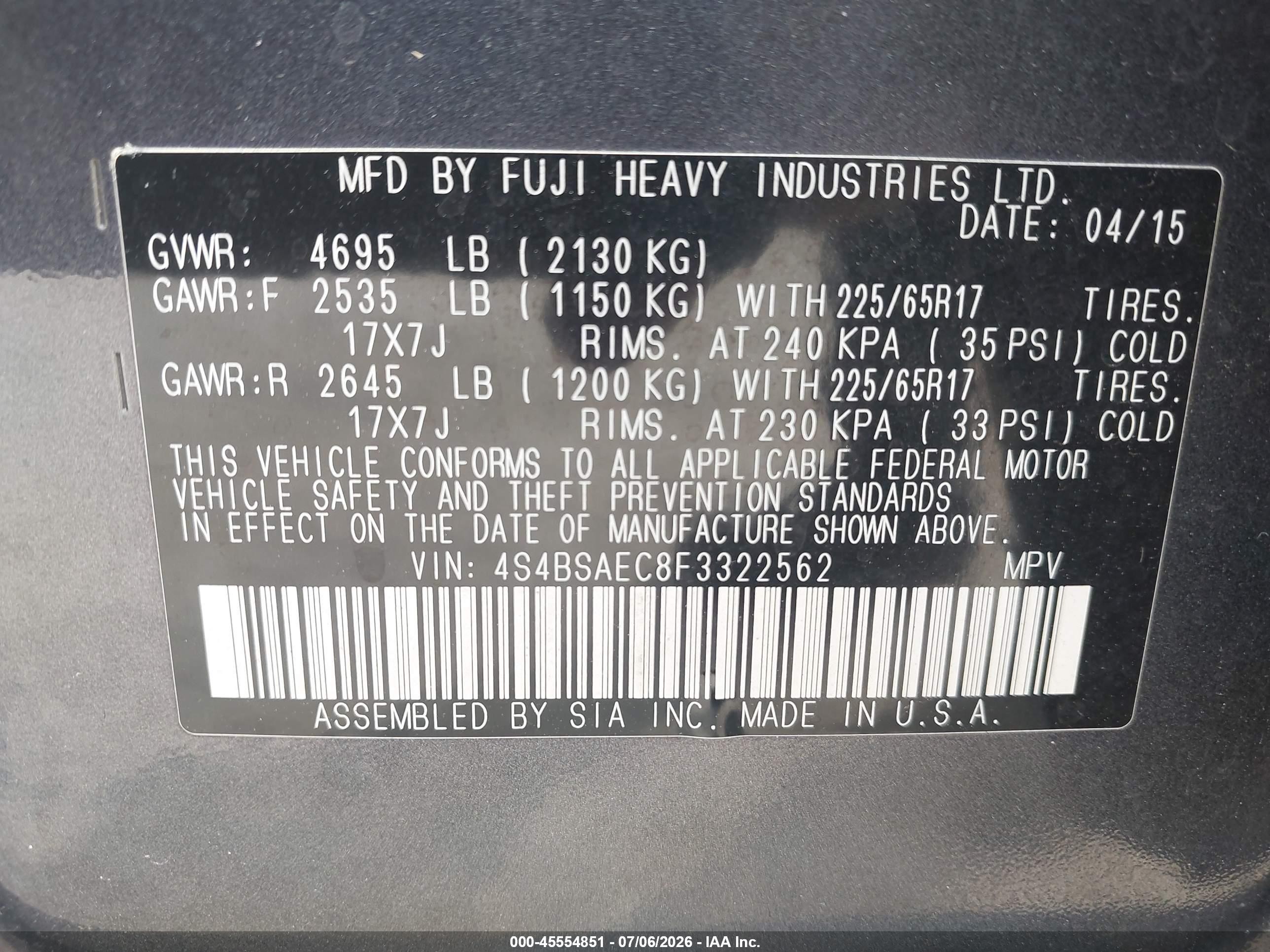 2015 Subaru Outback 2.5i Premium Gray vin: 4S4BSAEC8F3322562