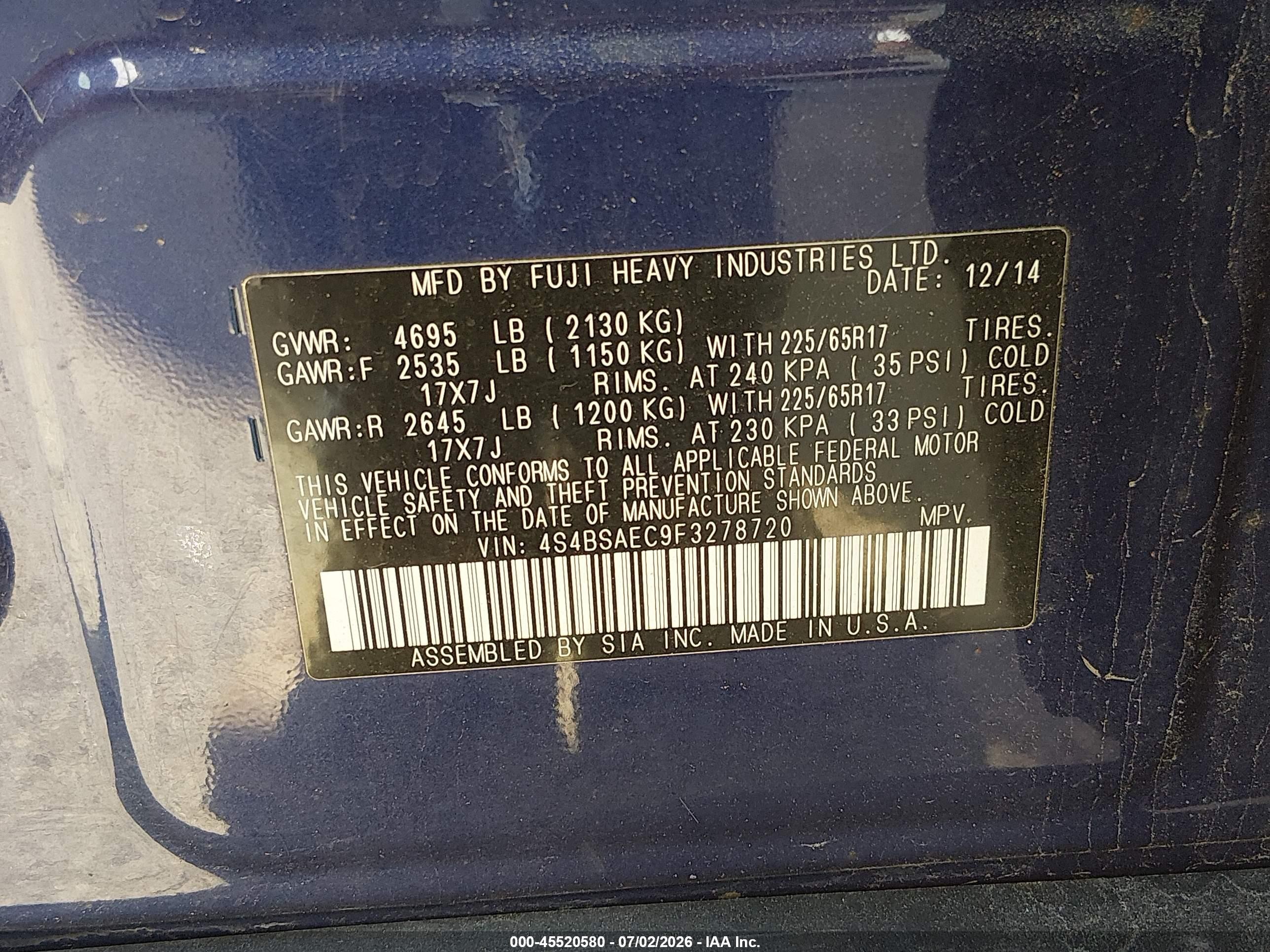 2015 Subaru Outback 2.5i Premium Blue vin: 4S4BSAEC9F3278720