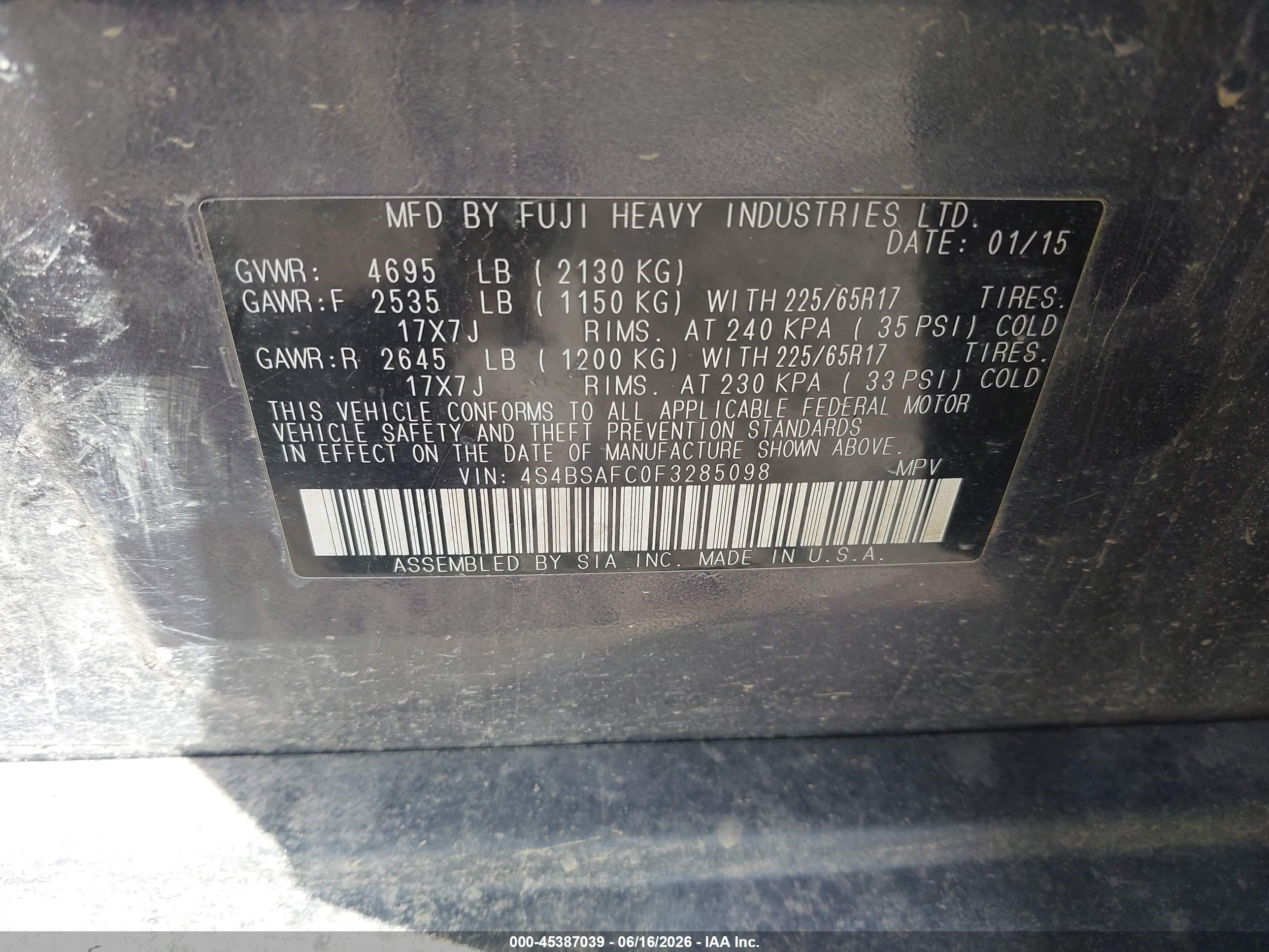 2015 Subaru Outback 2.5i Premium Gray vin: 4S4BSAFC0F3285098