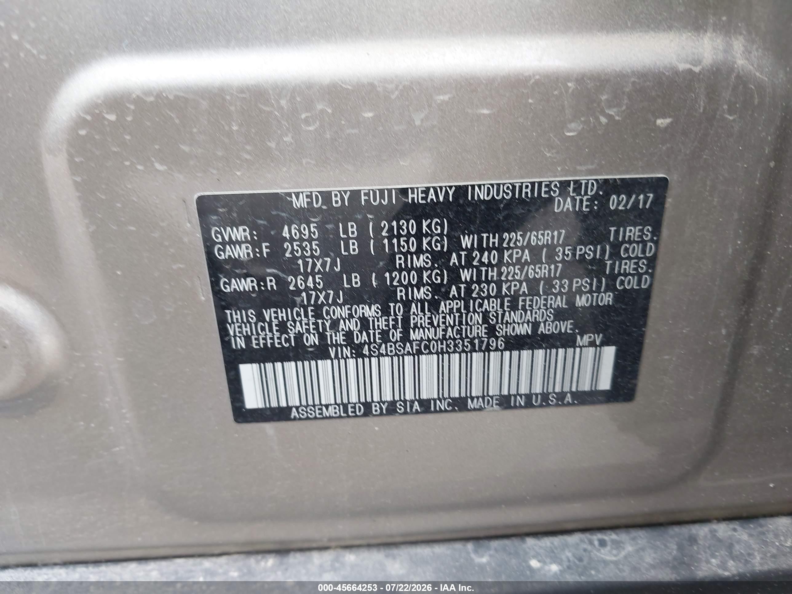 2017 Subaru Outback 2.5i Premium Silver vin: 4S4BSAFC0H3351796