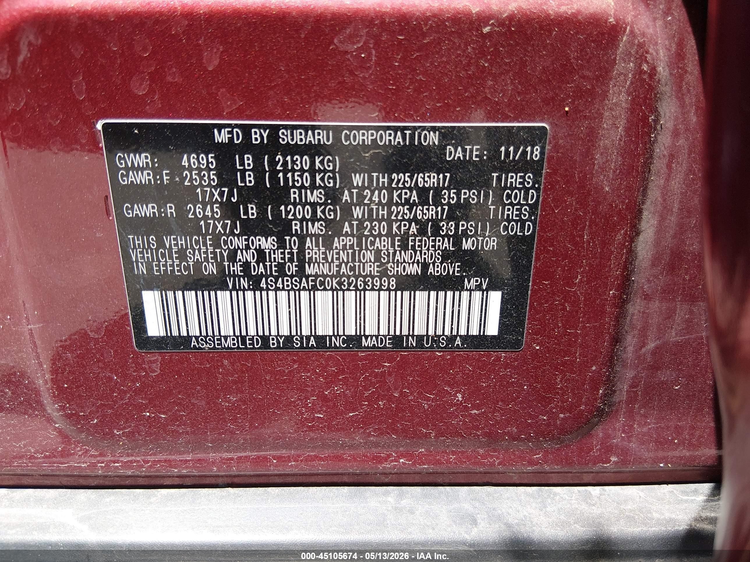 2019 Subaru Outback 2.5i Premium Red vin: 4S4BSAFC0K3263998