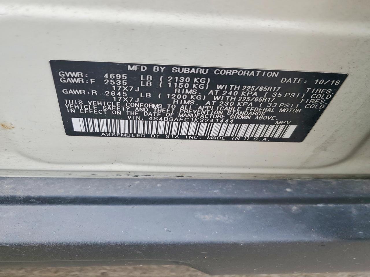 2019 Subaru Outback 2.5i Premium White vin: 4S4BSAFC1K3241444