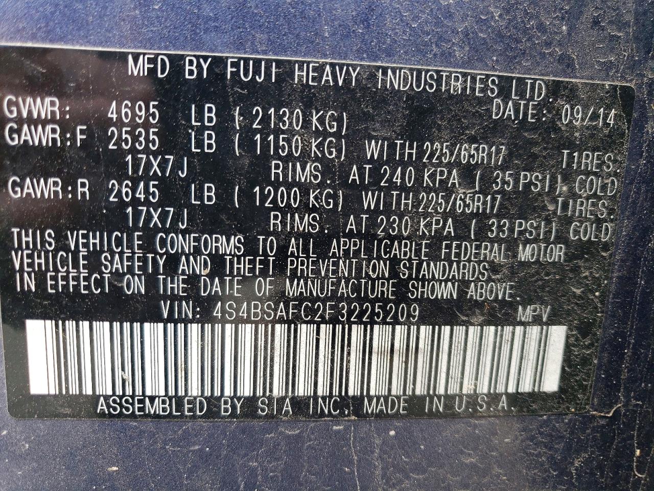2015 Subaru Outback 2.5i Premium Blue vin: 4S4BSAFC2F3225209