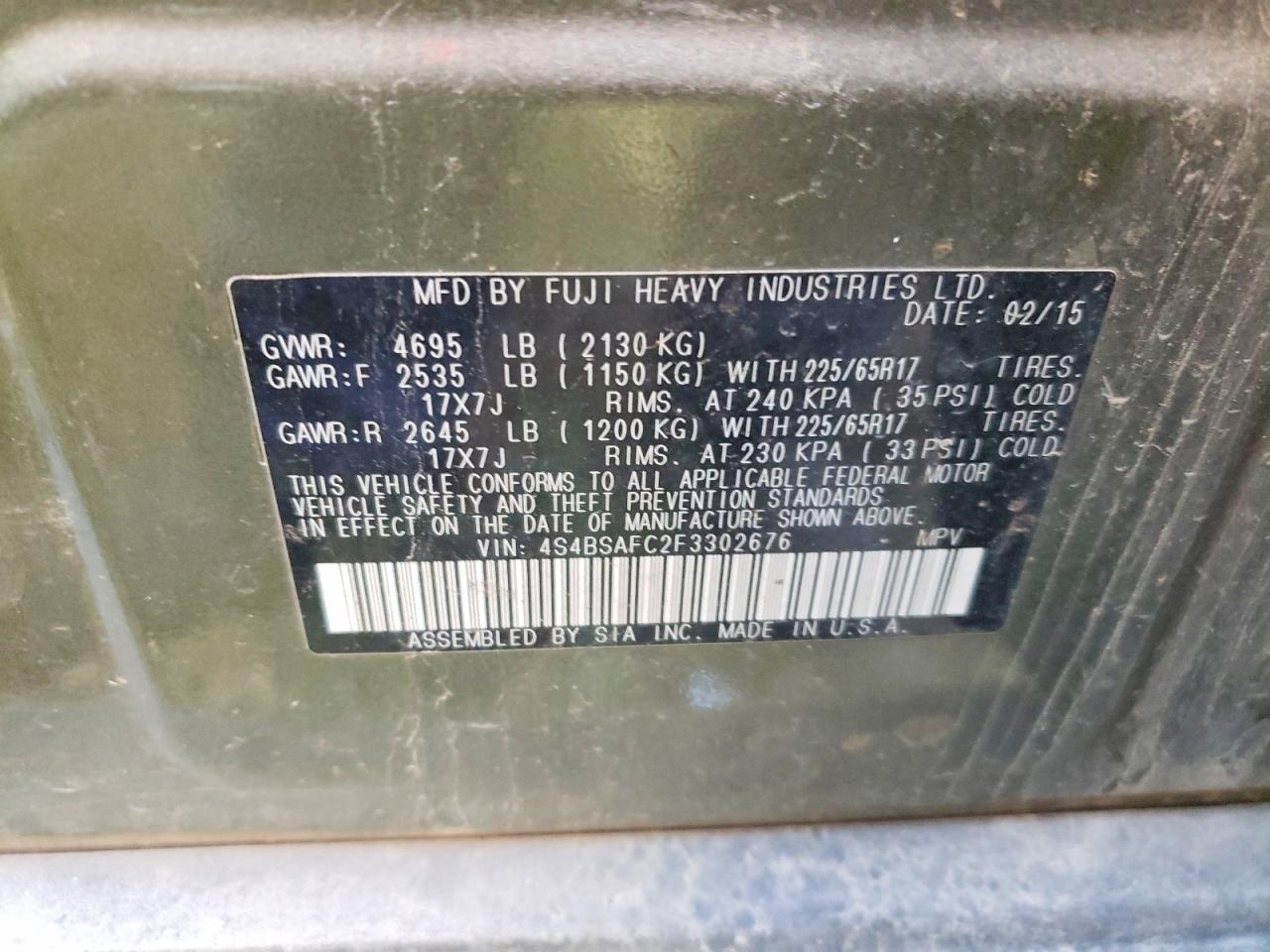 2015 Subaru Outback 2.5i Premium Green vin: 4S4BSAFC2F3302676