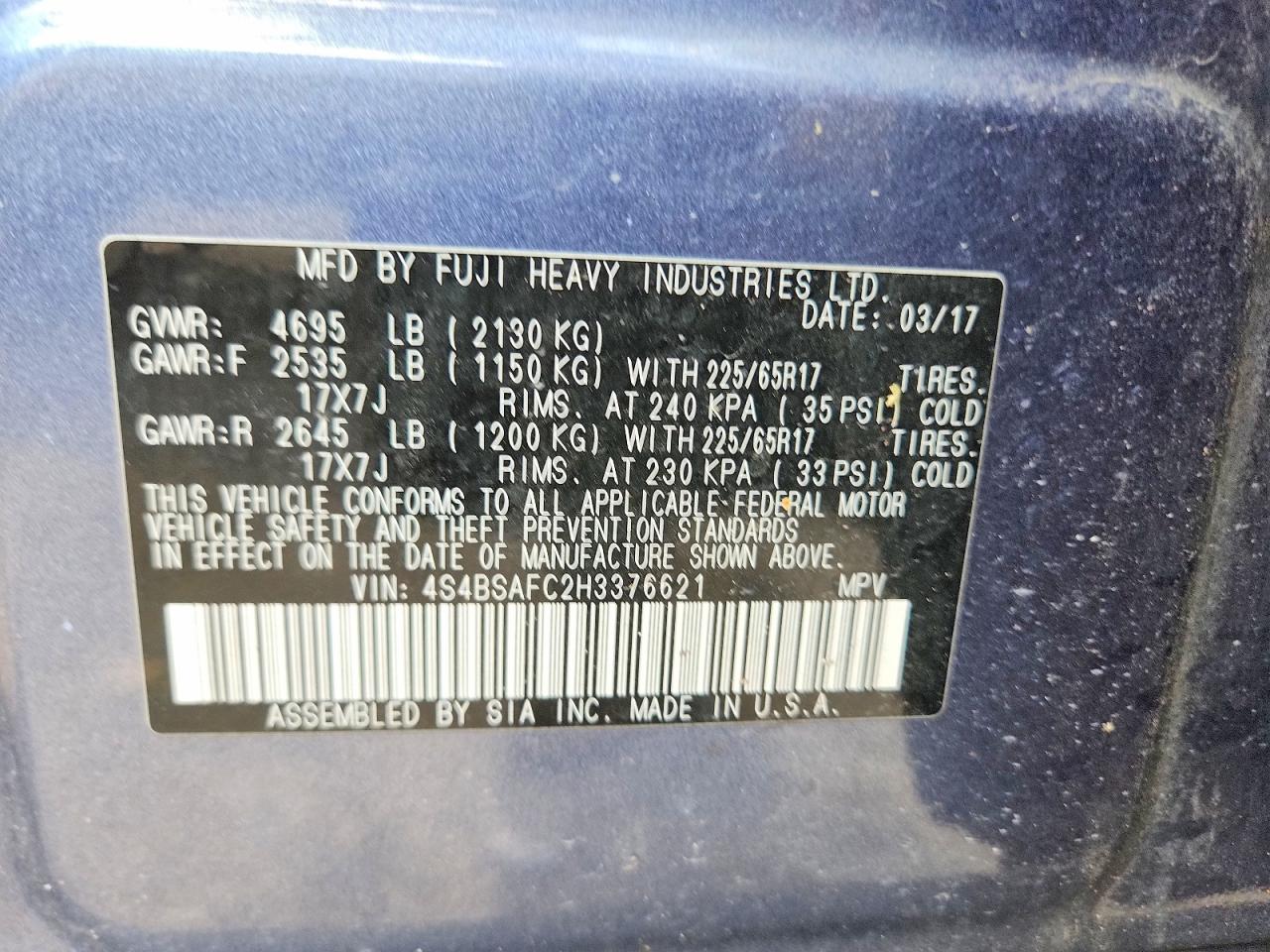 2017 Subaru Outback 2.5i Premium Blue vin: 4S4BSAFC2H3376621
