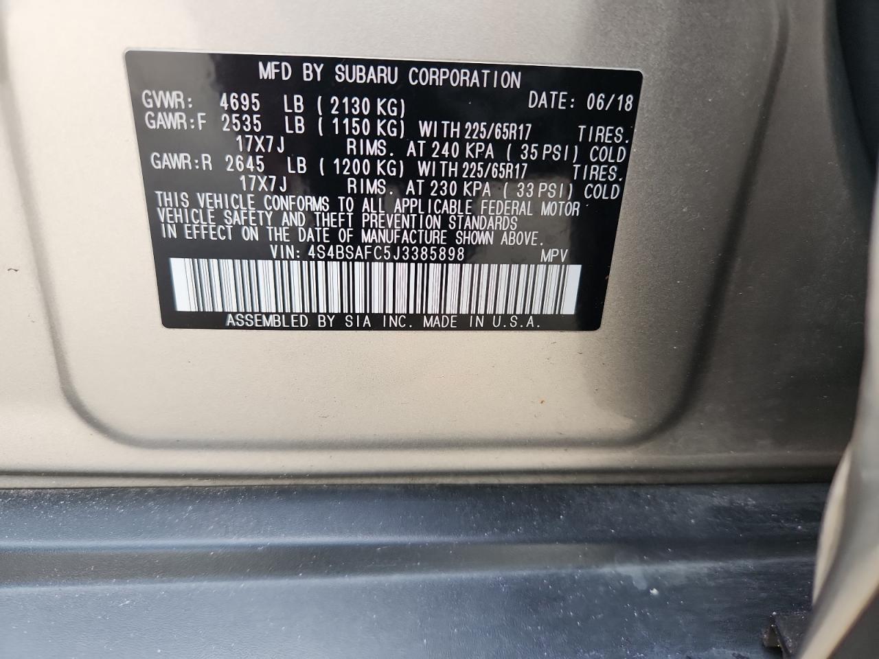 2018 Subaru Outback 2.5i Premium Beige vin: 4S4BSAFC5J3385898