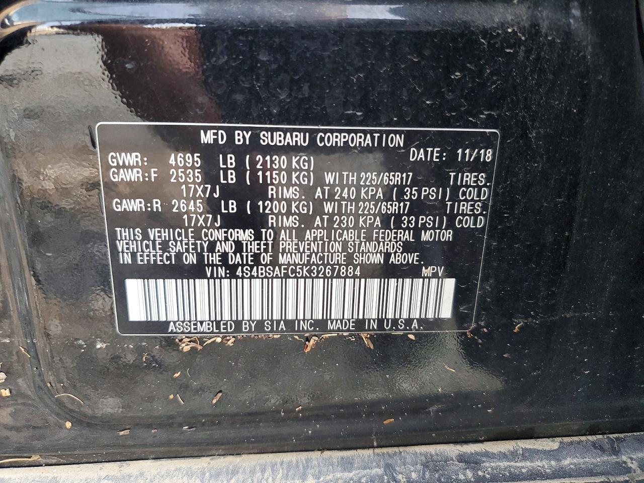 2019 Subaru Outback 2.5i Premium Black vin: 4S4BSAFC5K3267884