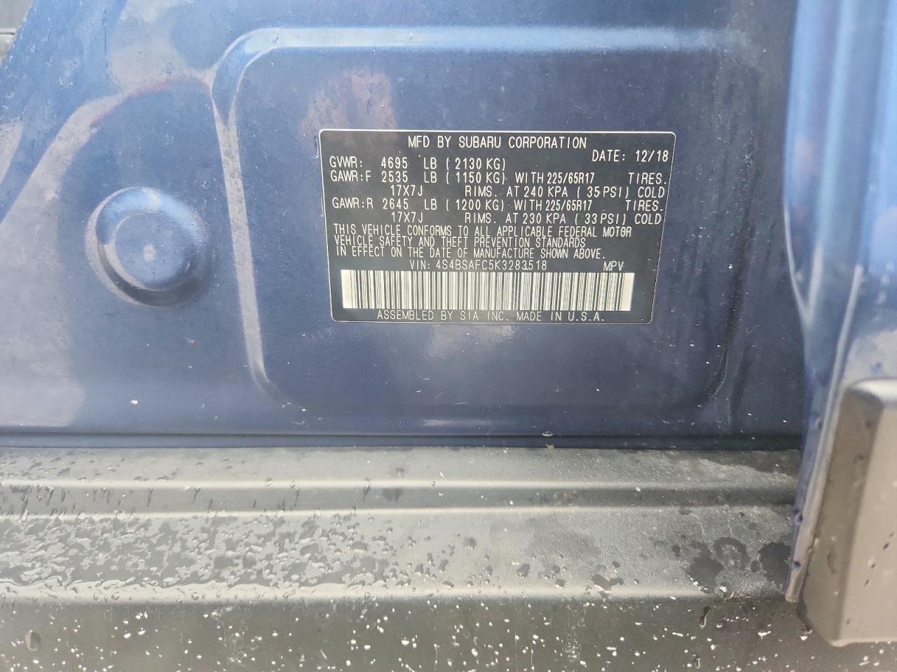 2019 Subaru Outback 2.5i Premium Blue vin: 4S4BSAFC5K3283518