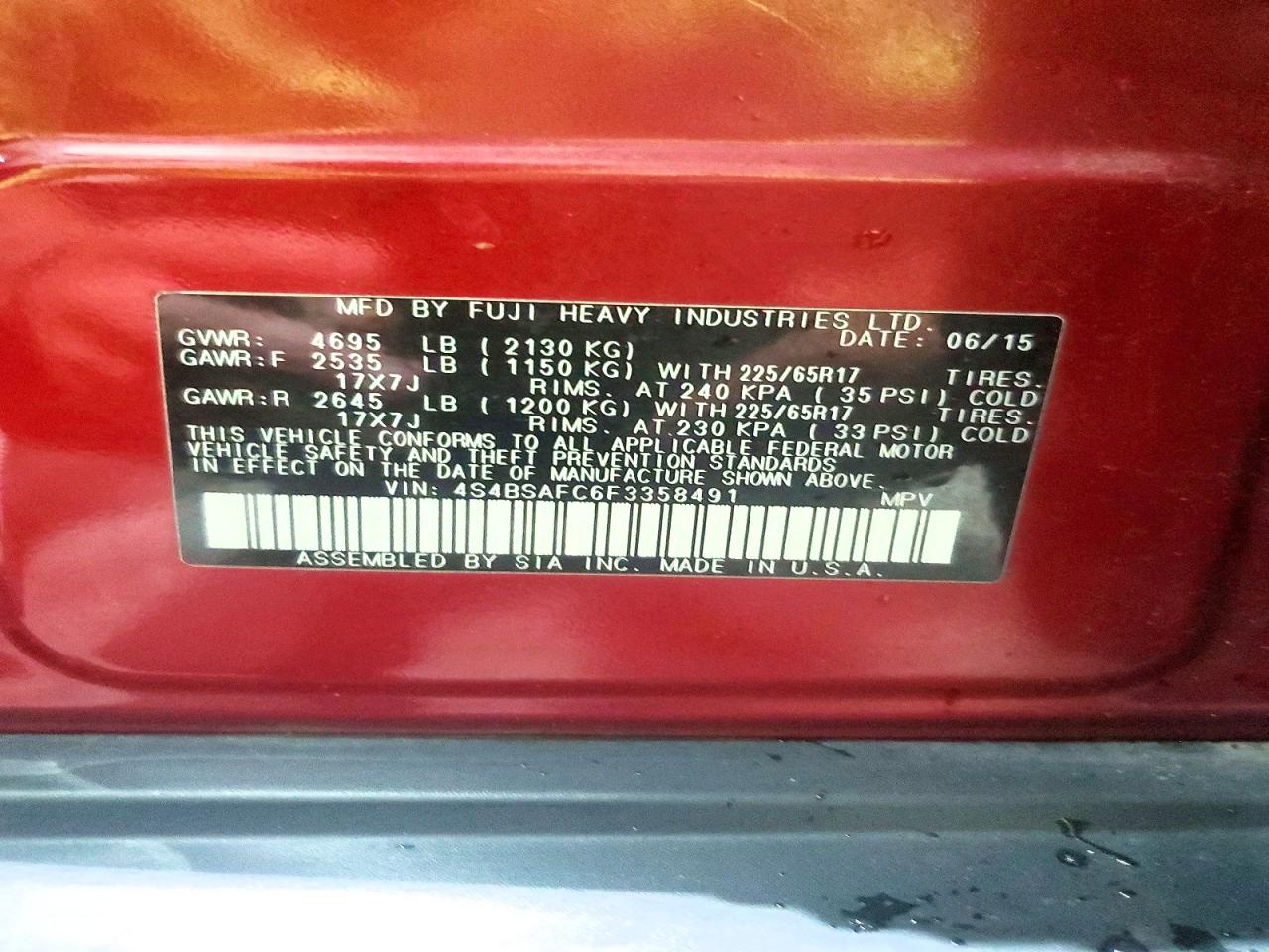 2015 Subaru Outback 2.5i Premium Темно-бордовый vin: 4S4BSAFC6F3358491
