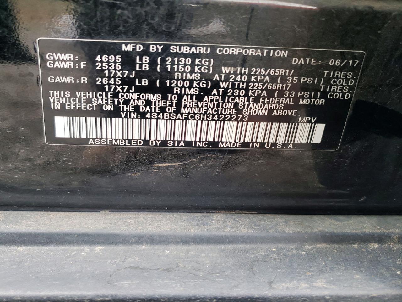 2017 Subaru Outback 2.5i Premium Black vin: 4S4BSAFC6H3422273