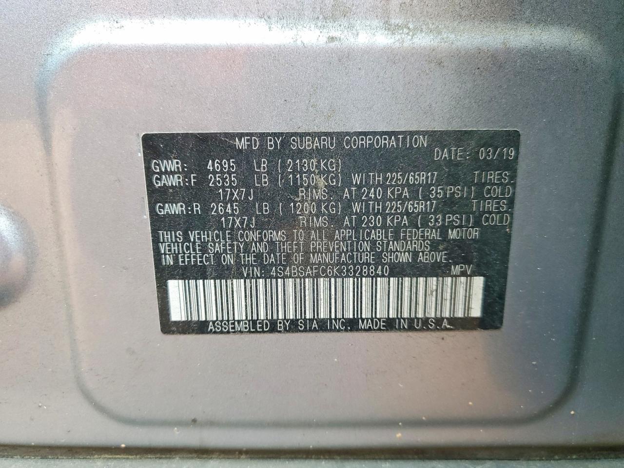 2019 Subaru Outback 2.5i Premium Silver vin: 4S4BSAFC6K3328840