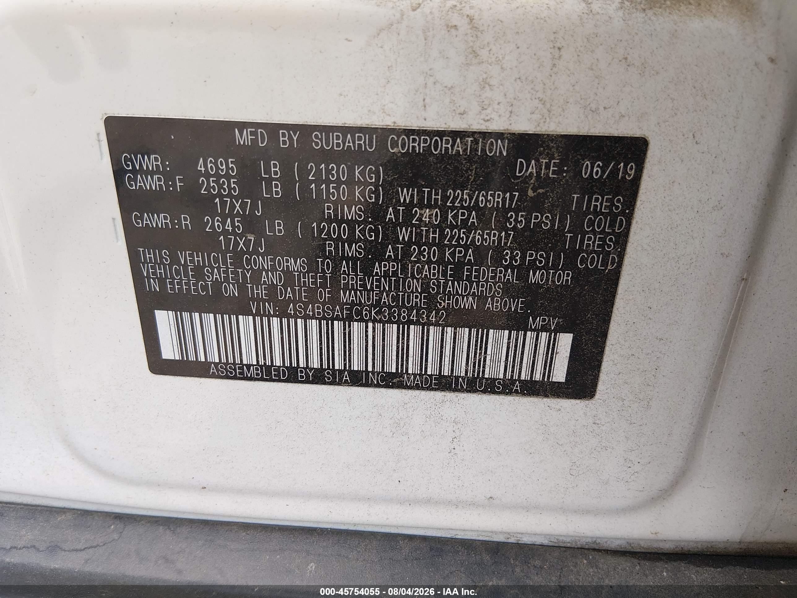 2019 Subaru Outback 2.5i Premium White vin: 4S4BSAFC6K3384342