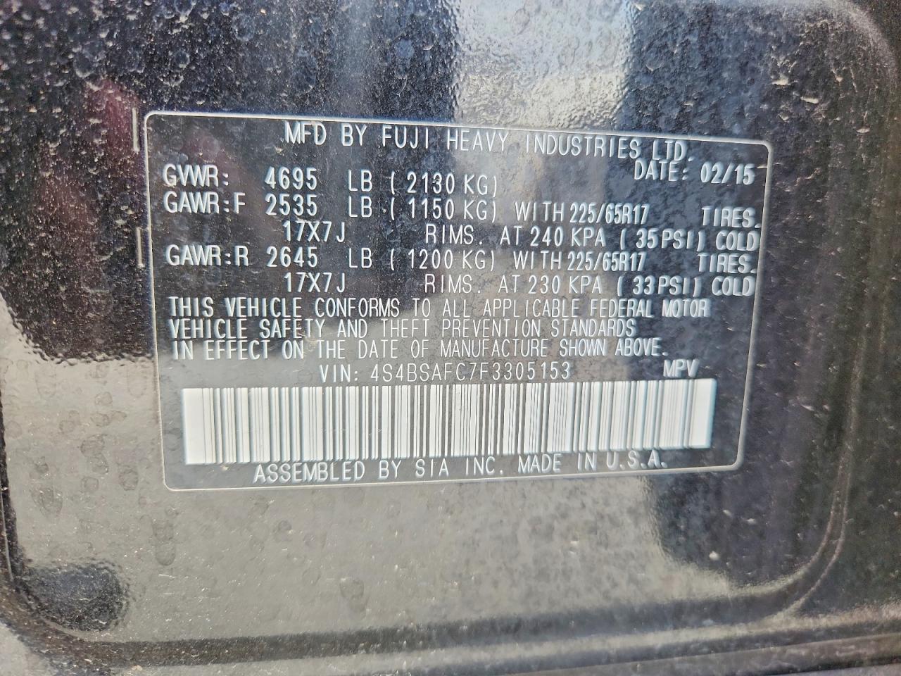 2015 Subaru Outback 2.5i Premium Charcoal vin: 4S4BSAFC7F3305153