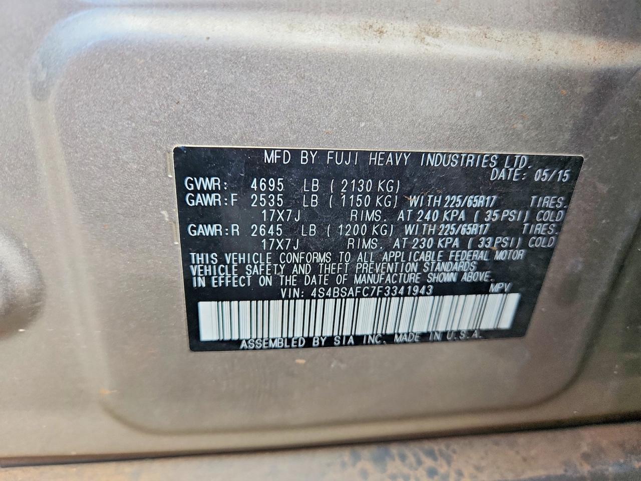 2015 Subaru Outback 2.5i Premium Silver vin: 4S4BSAFC7F3341943