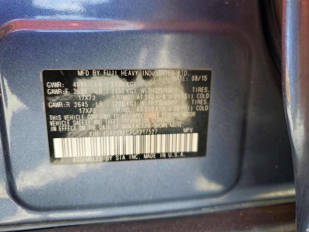 2016 Subaru Outback 2.5i Premium Charcoal vin: 4S4BSAFC7G3217527