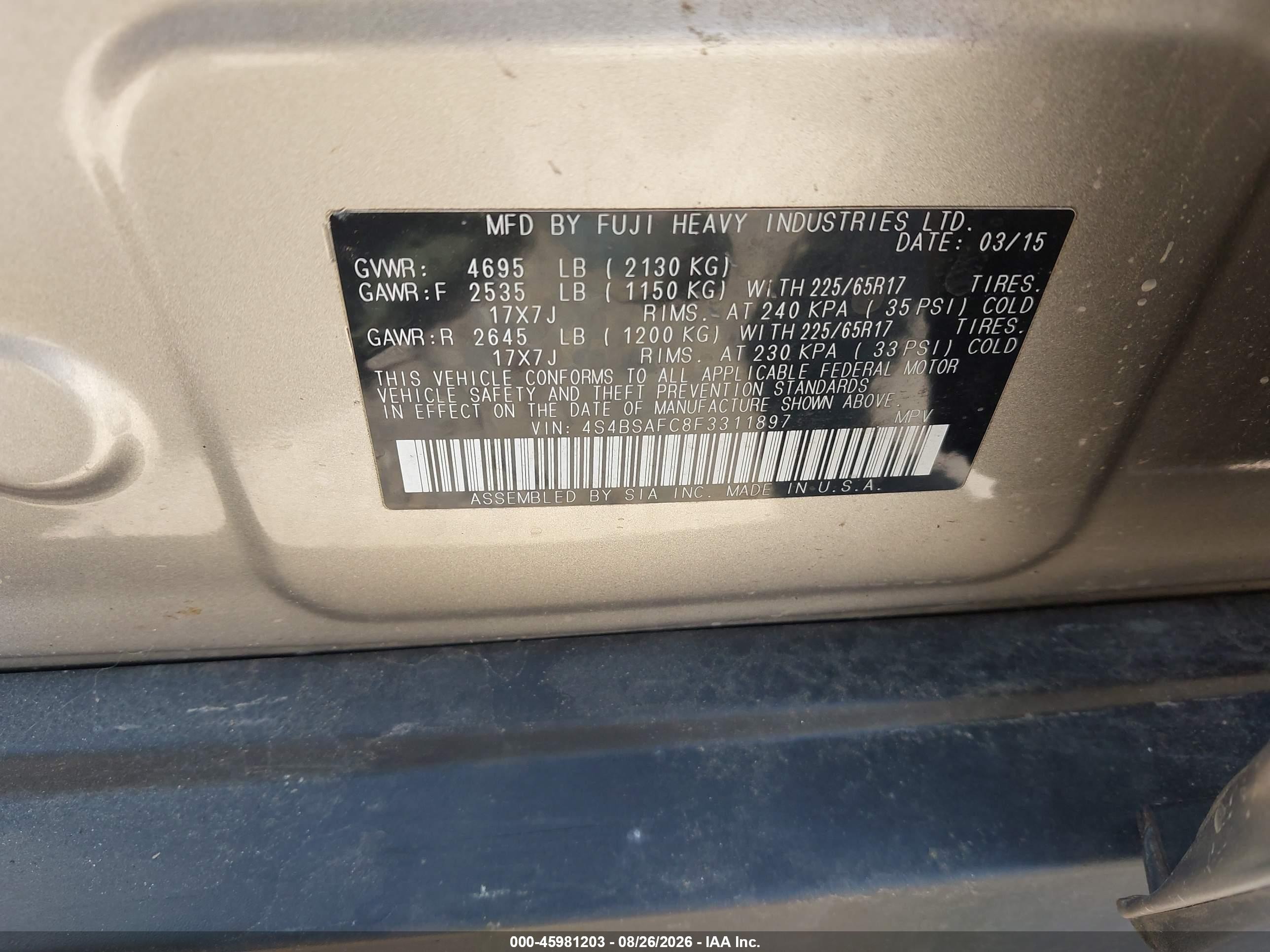 2015 Subaru Outback 2.5i Premium Silver vin: 4S4BSAFC8F3311897