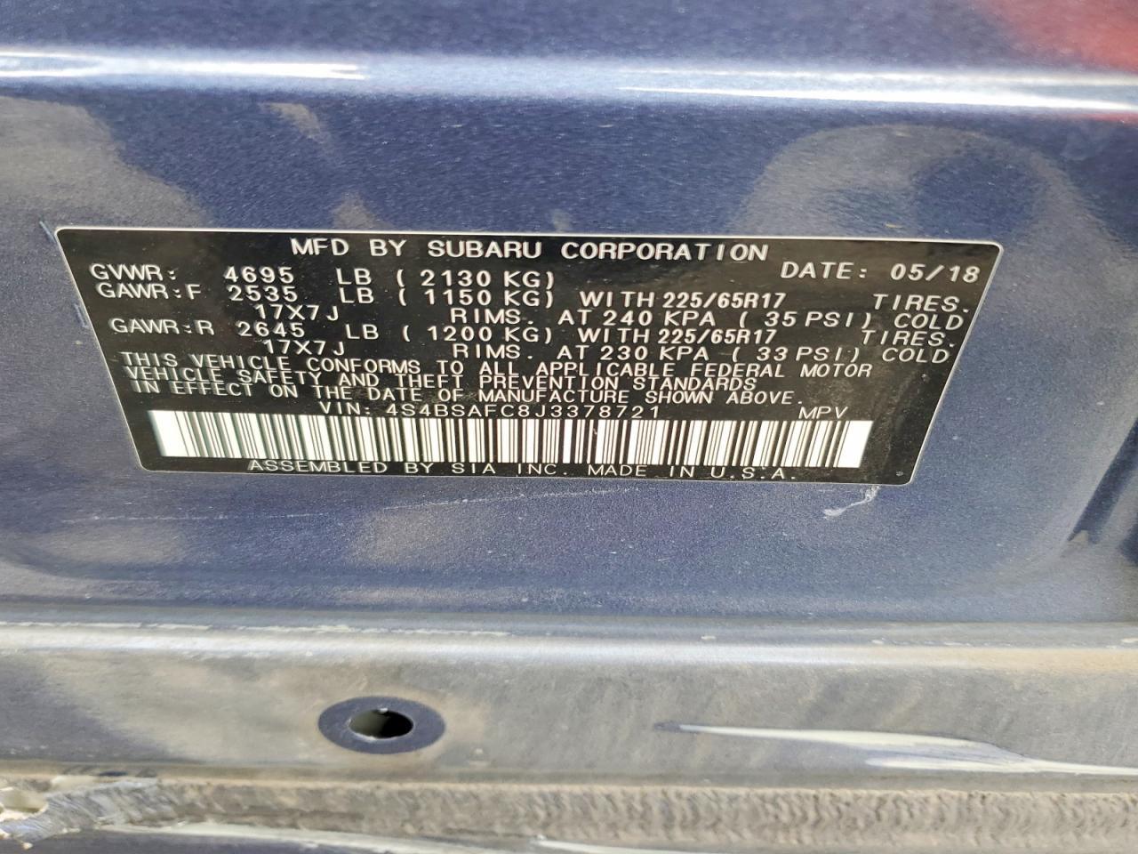 2018 Subaru Outback 2.5i Premium Blue vin: 4S4BSAFC8J3378721