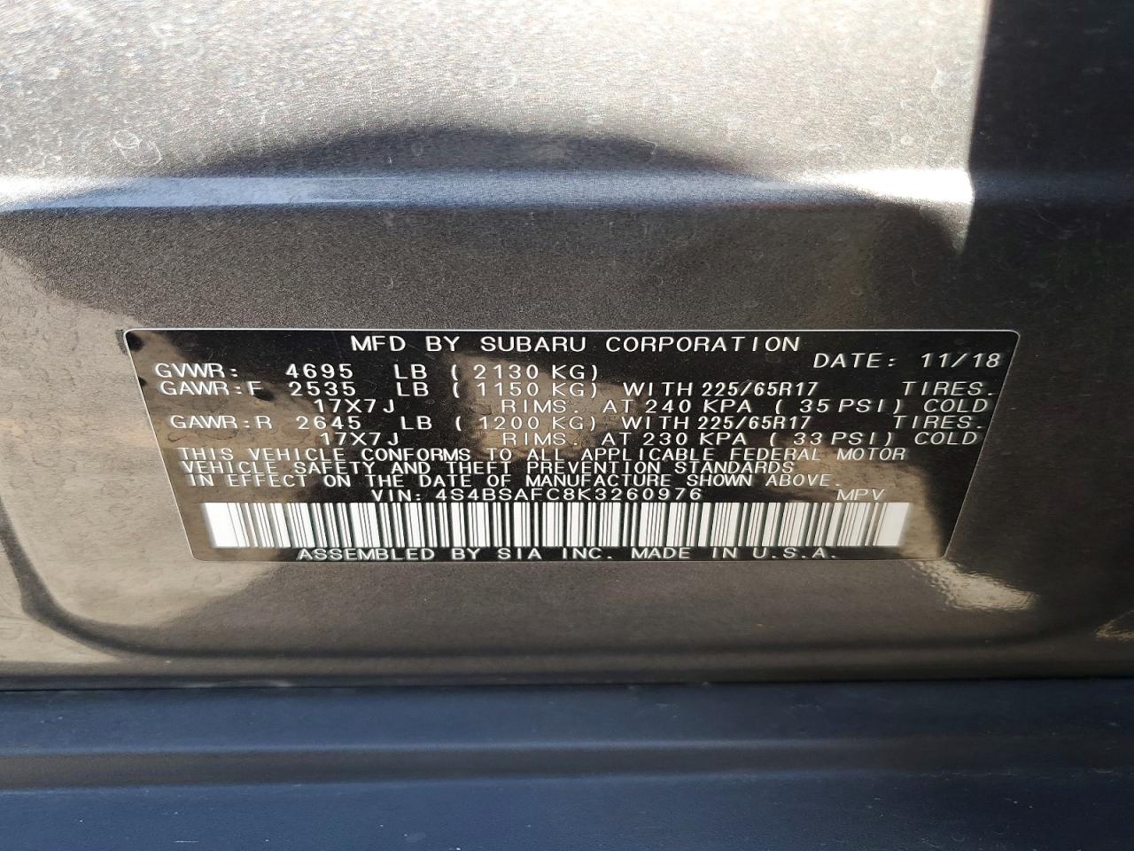 2019 Subaru Outback 2.5i Premium Gray vin: 4S4BSAFC8K3260976