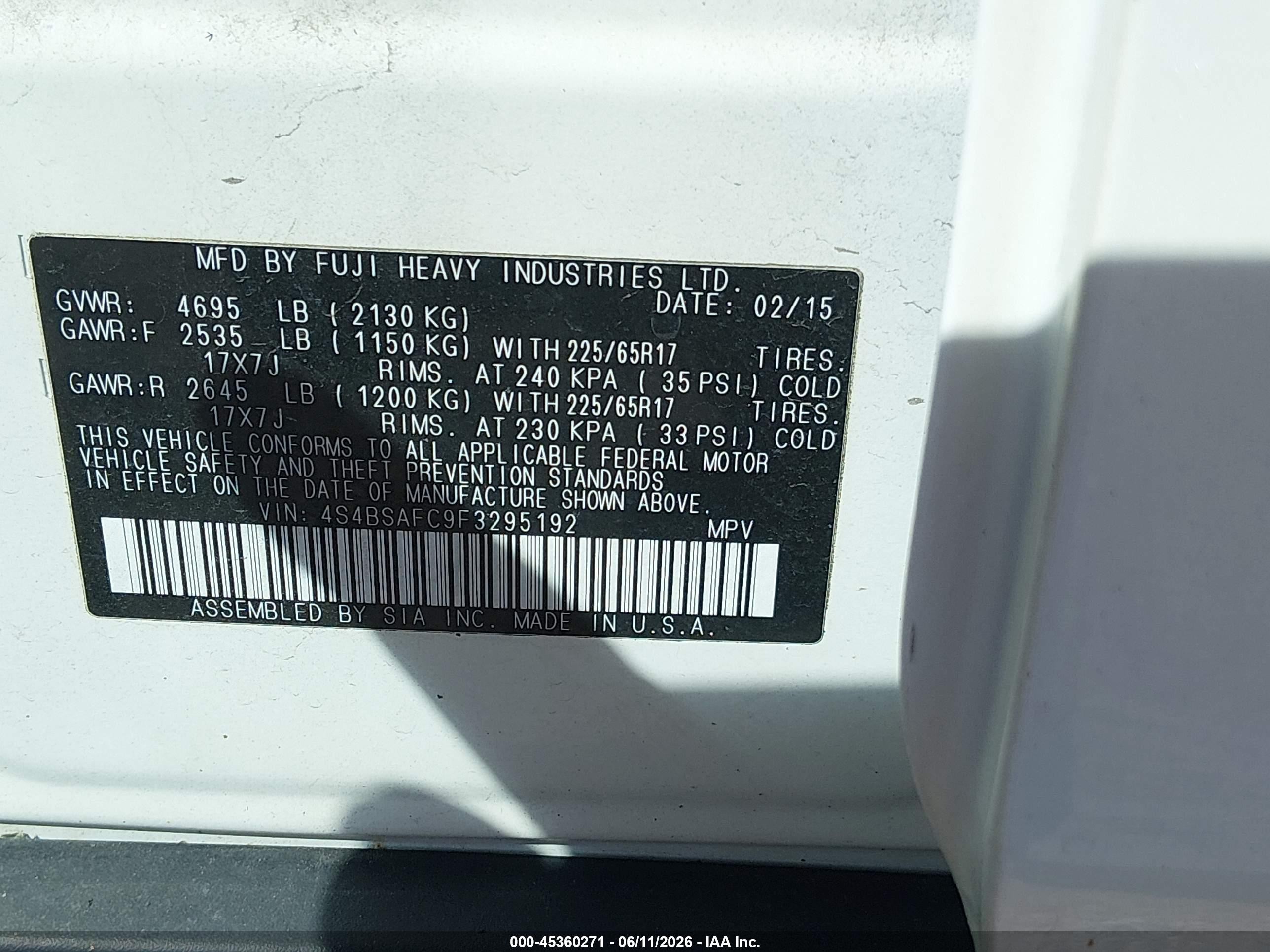 2015 Subaru Outback 2.5i Premium White vin: 4S4BSAFC9F3295192