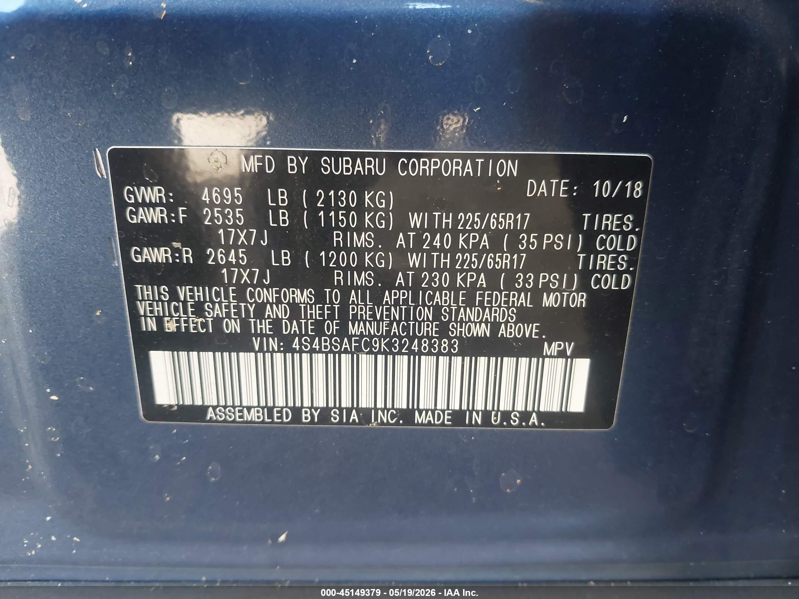 2019 Subaru Outback 2.5i Premium Blue vin: 4S4BSAFC9K3248383