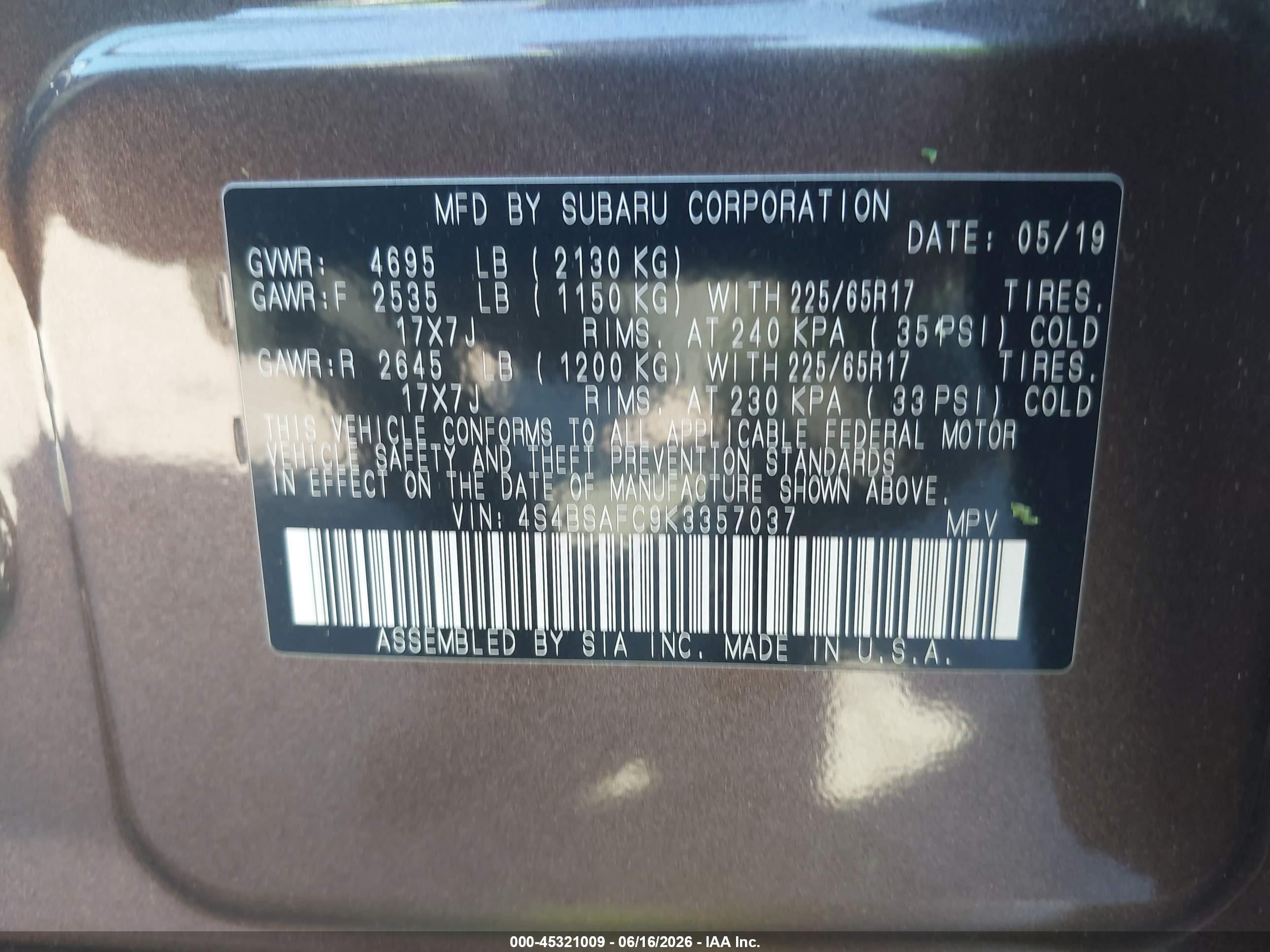 2019 Subaru Outback 2.5i Premium Brown vin: 4S4BSAFC9K3357037