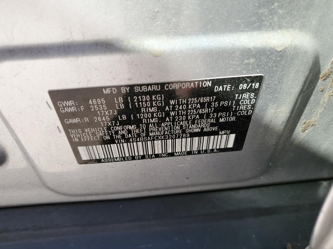 2019 Subaru Outback 2.5i Premium Gray vin: 4S4BSAFCXK3207289