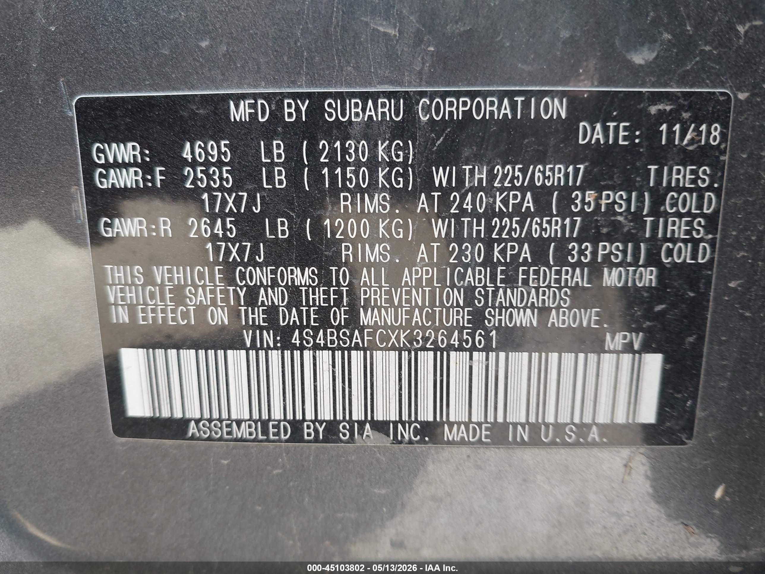 2019 Subaru Outback 2.5i Premium Gray vin: 4S4BSAFCXK3264561