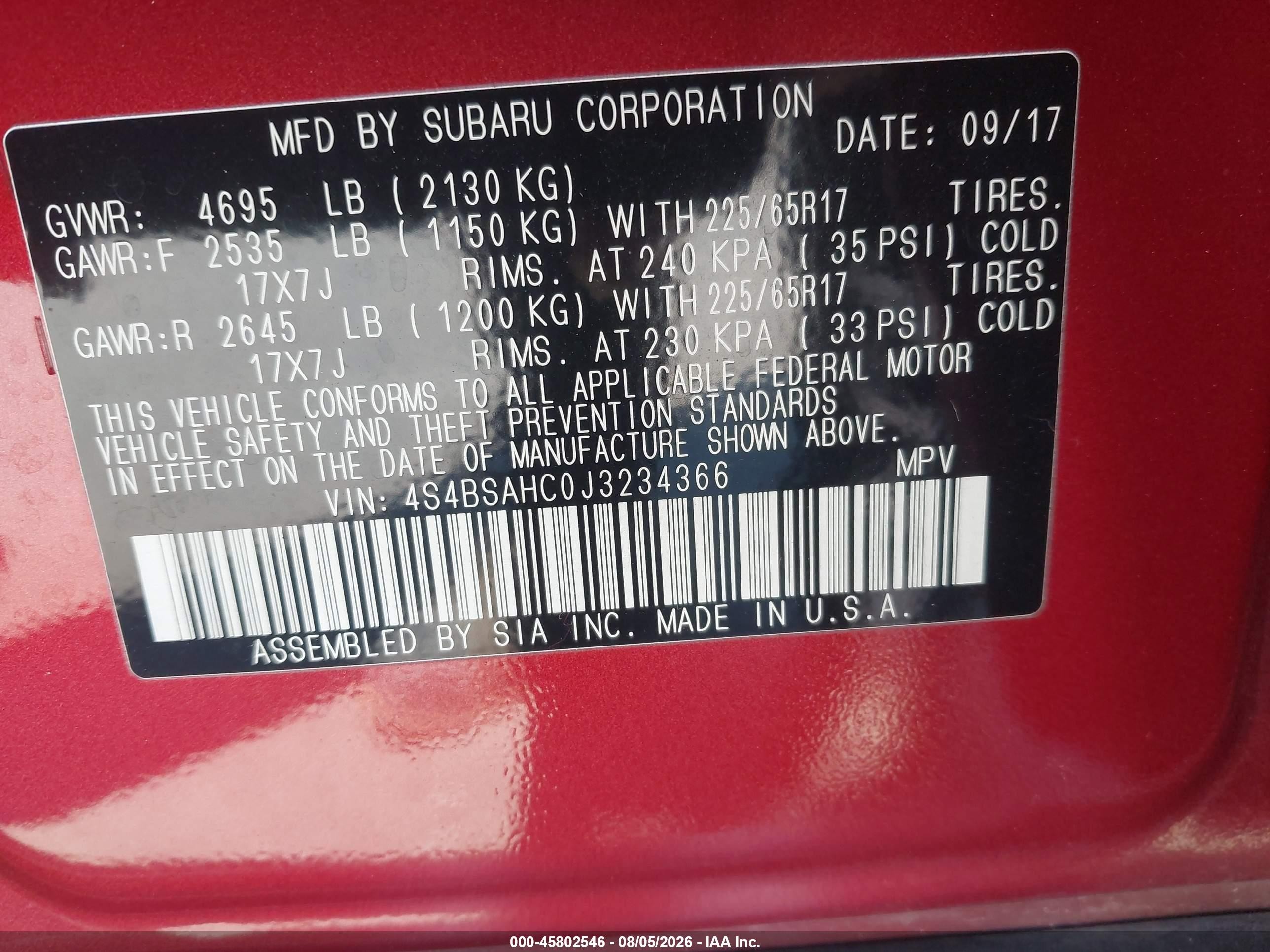 2018 Subaru Outback 2.5i Premium Red vin: 4S4BSAHC0J3234366