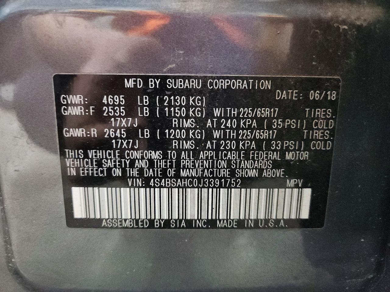 2018 Subaru Outback 2.5i Premium Charcoal vin: 4S4BSAHC0J3391752