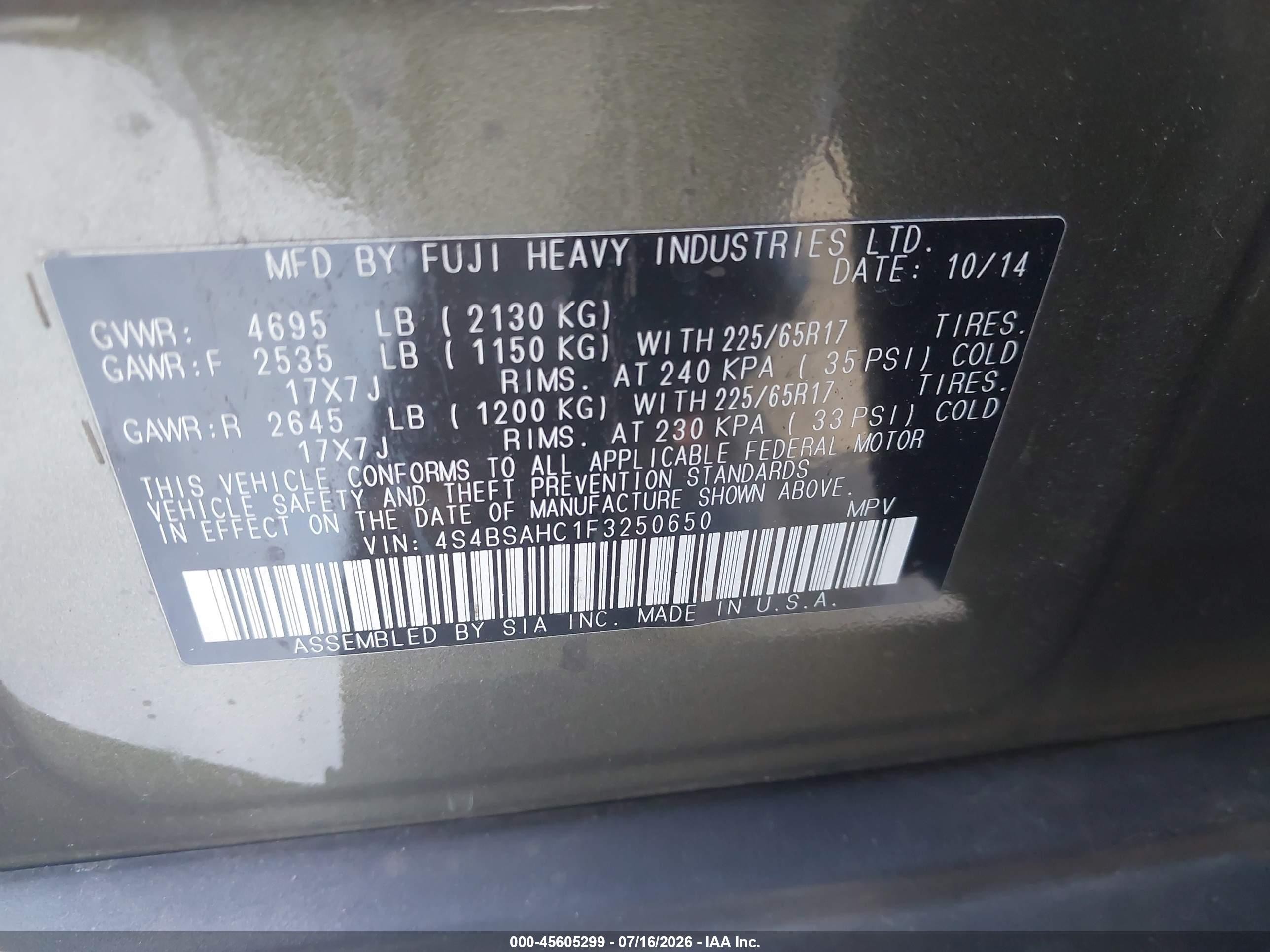 2015 Subaru Outback 2.5i Premium Green vin: 4S4BSAHC1F3250650