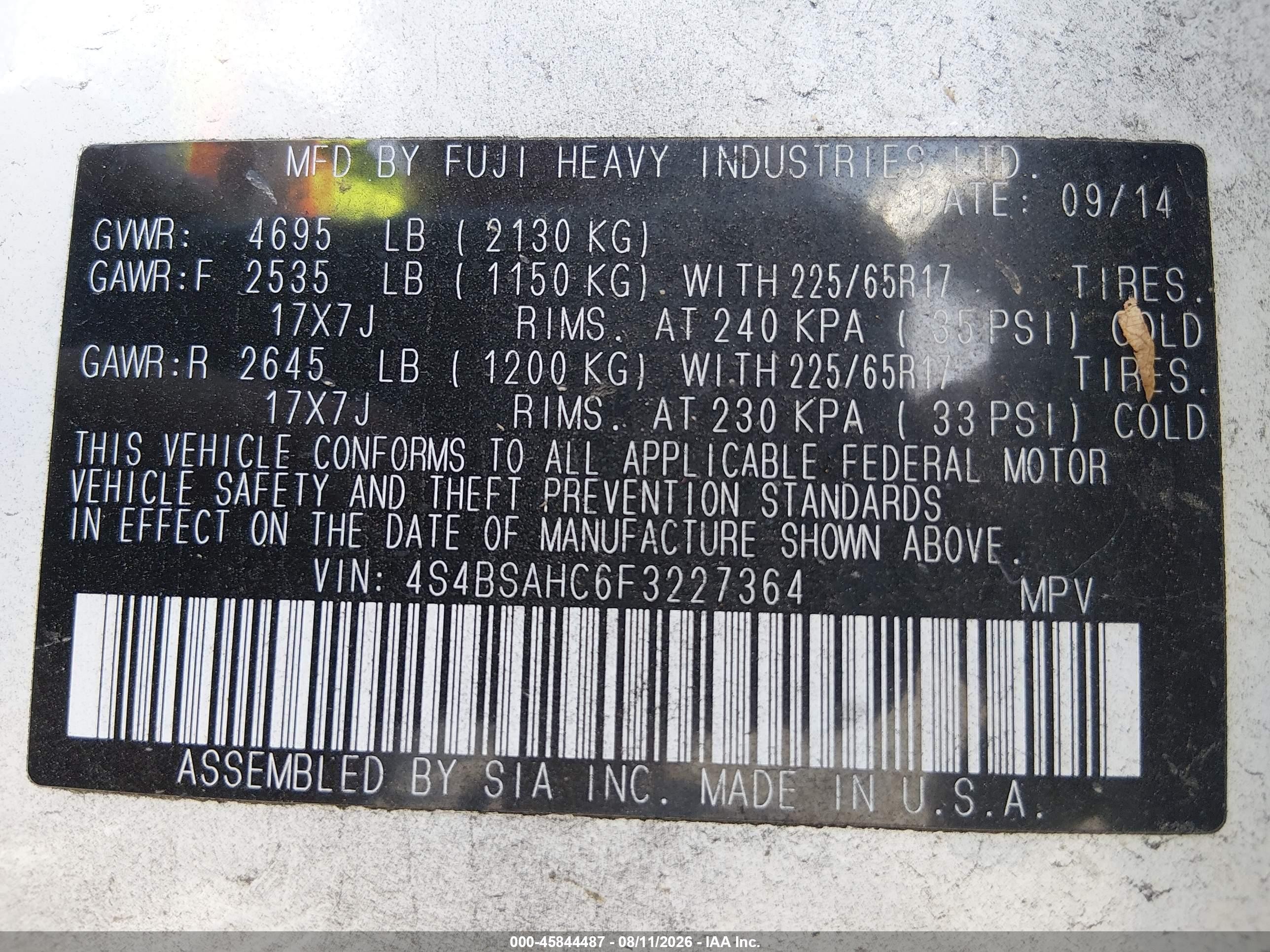 2015 Subaru Outback 2.5i Premium Белый vin: 4S4BSAHC6F3227364
