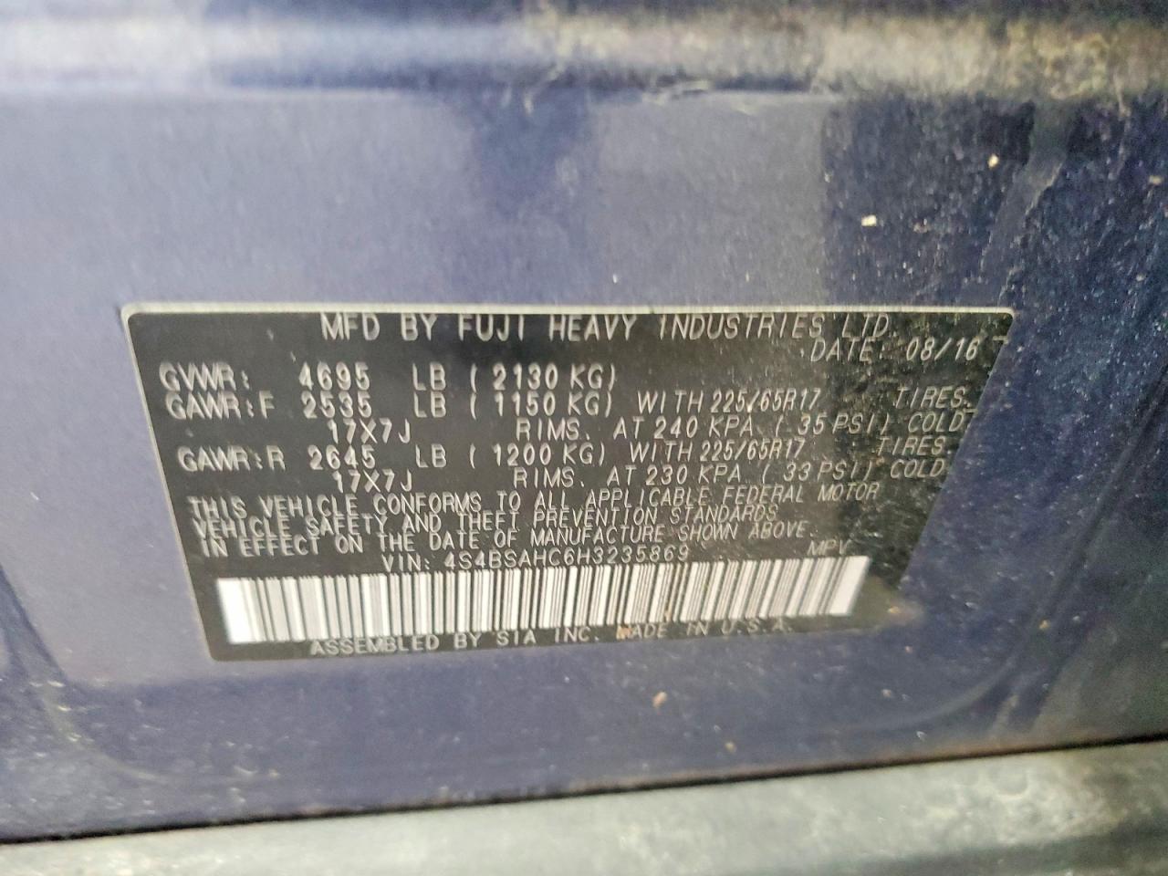 2017 Subaru Outback 2.5i Premium Blue vin: 4S4BSAHC6H3235869