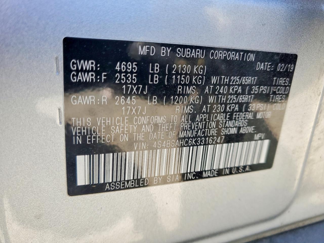 2019 Subaru Outback 2.5i Premium Silver vin: 4S4BSAHC6K3316247