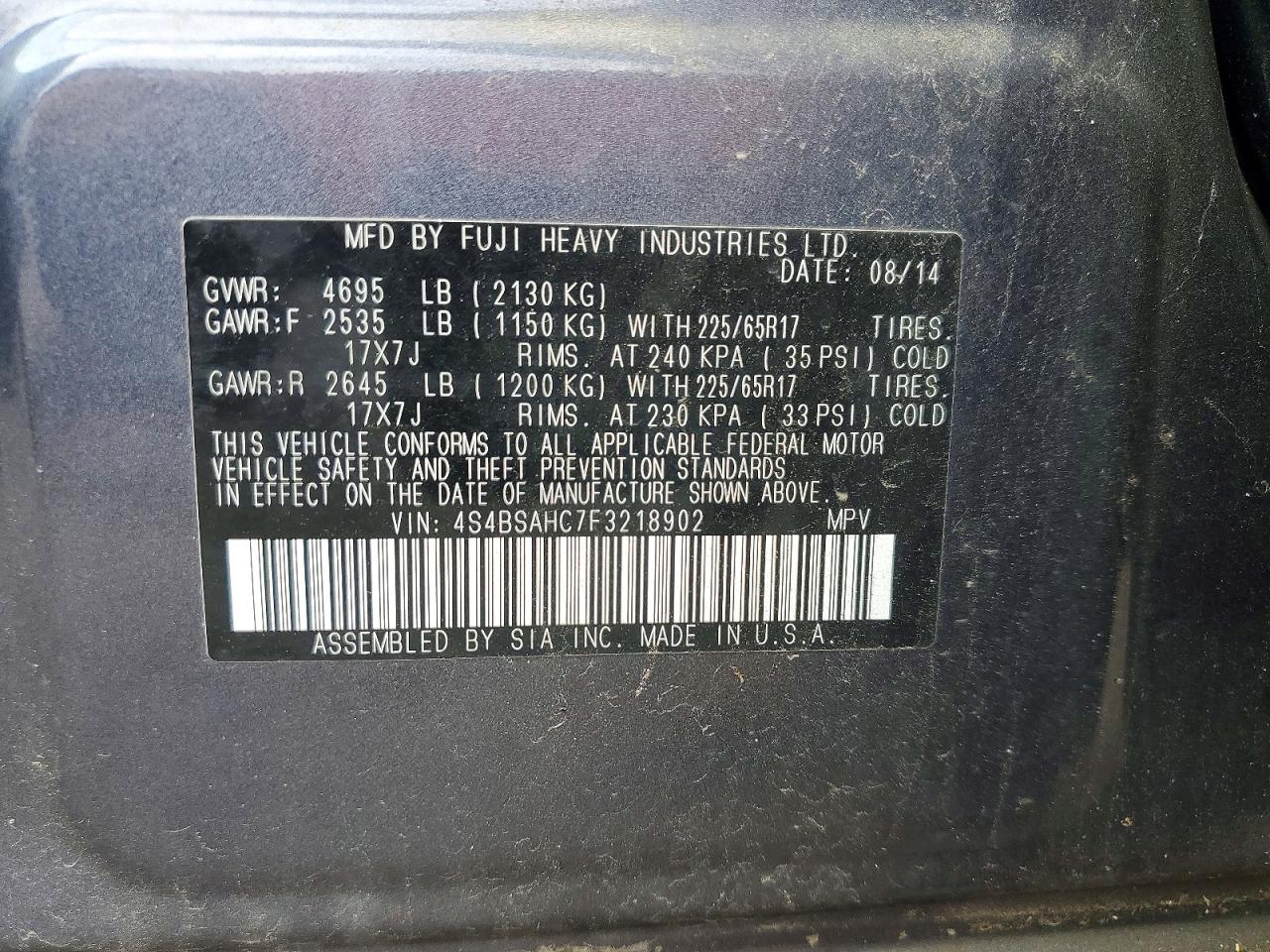 2015 Subaru Outback 2.5i Premium Gray vin: 4S4BSAHC7F3218902