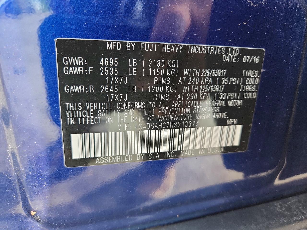2017 Subaru Outback 2.5i Premium Blue vin: 4S4BSAHC7H3213377