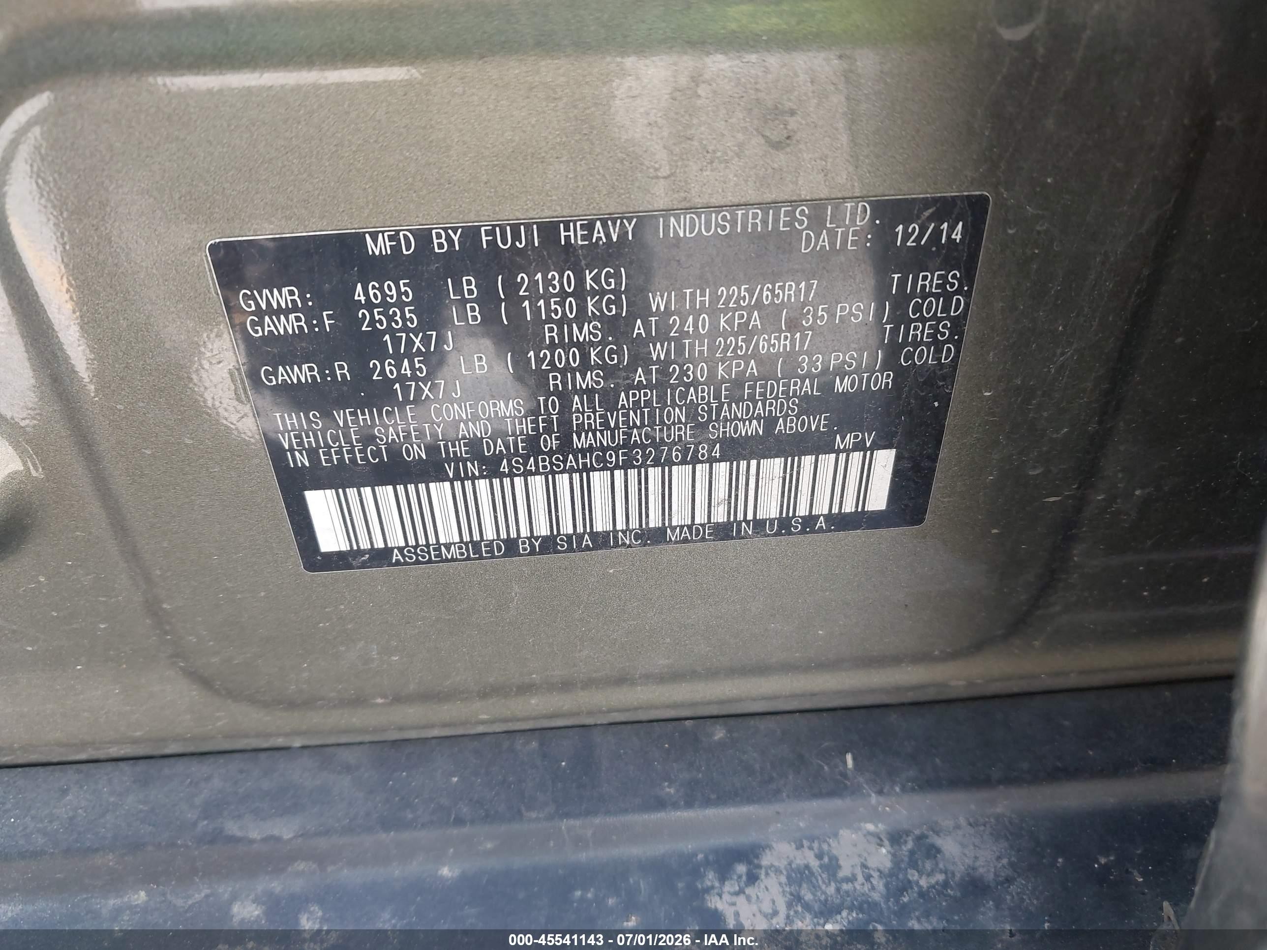 2015 Subaru Outback 2.5i Premium Green vin: 4S4BSAHC9F3276784