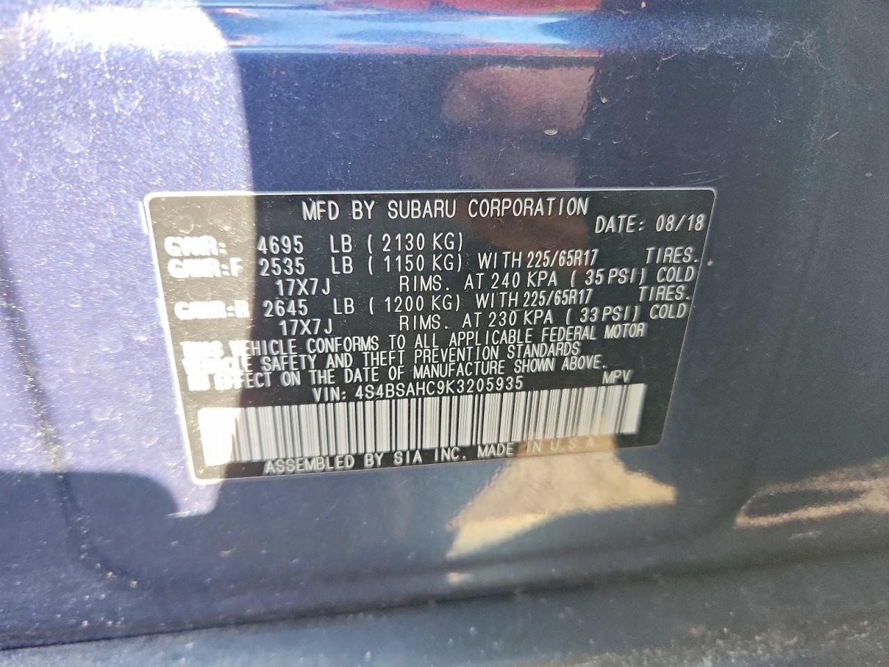 2019 Subaru Outback 2.5i Premium Blue vin: 4S4BSAHC9K3205935
