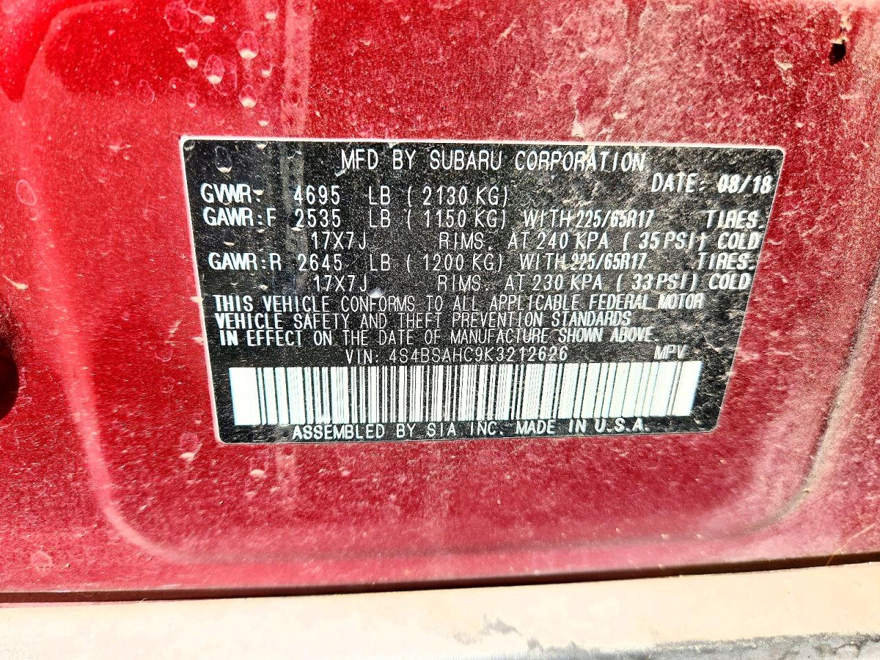 2019 Subaru Outback 2.5i Premium Red vin: 4S4BSAHC9K3212626
