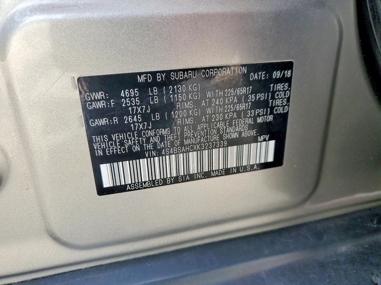 2019 Subaru Outback 2.5i Premium Gray vin: 4S4BSAHCXK3237339