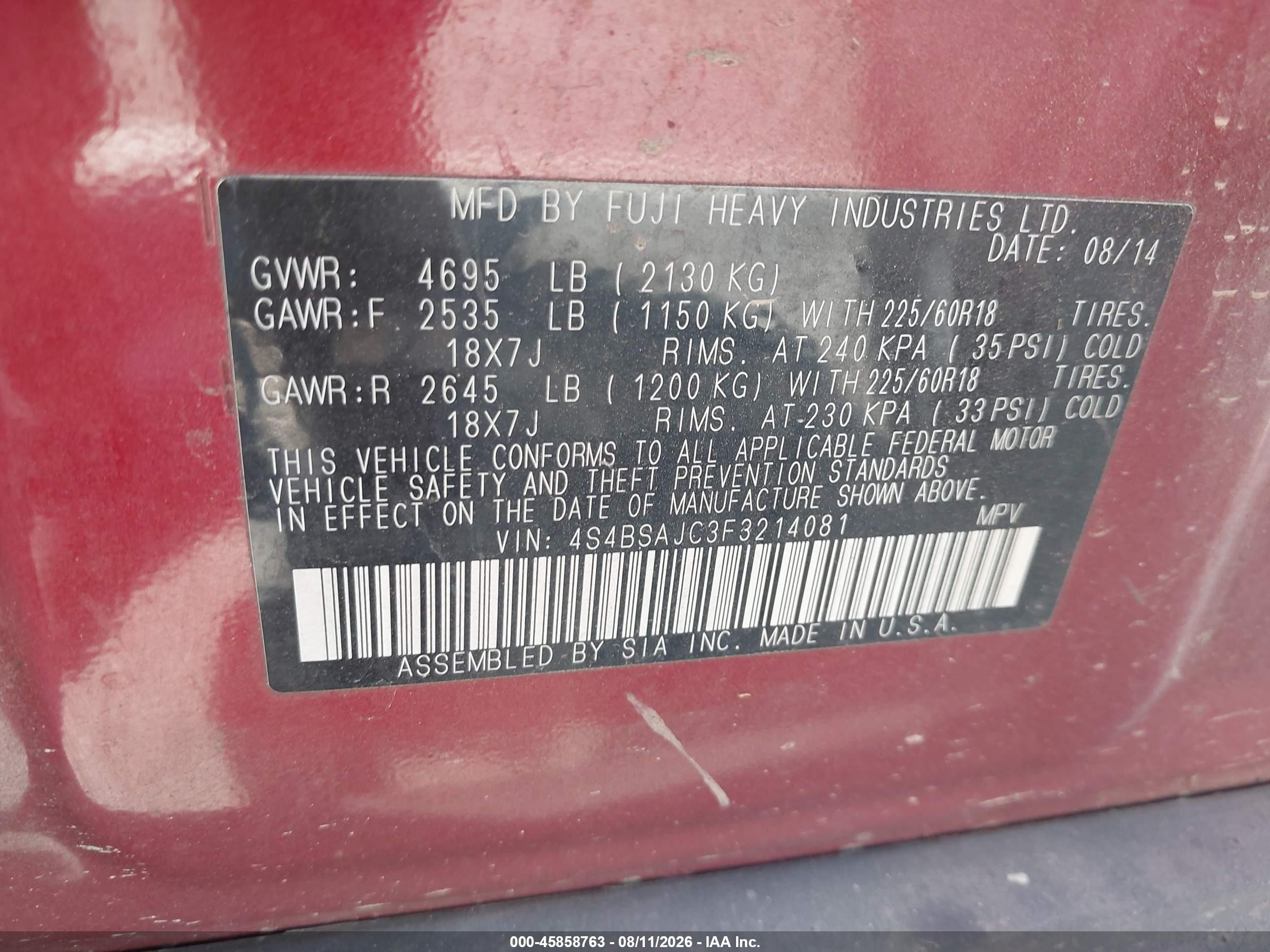 2015 Subaru Outback 2.5i Limited Burgundy vin: 4S4BSAJC3F3214081