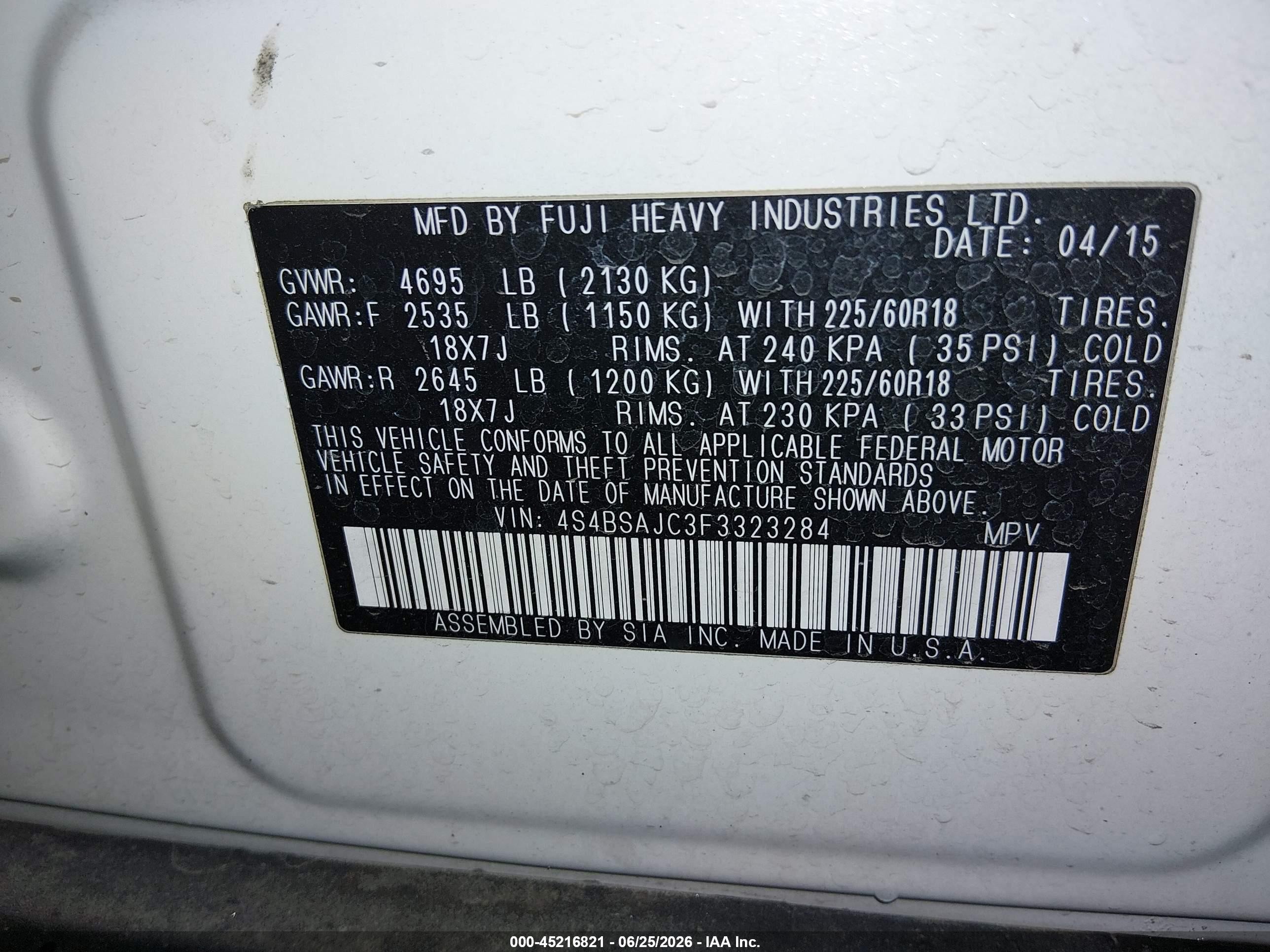 2015 Subaru Outback 2.5i Limited White vin: 4S4BSAJC3F3323284