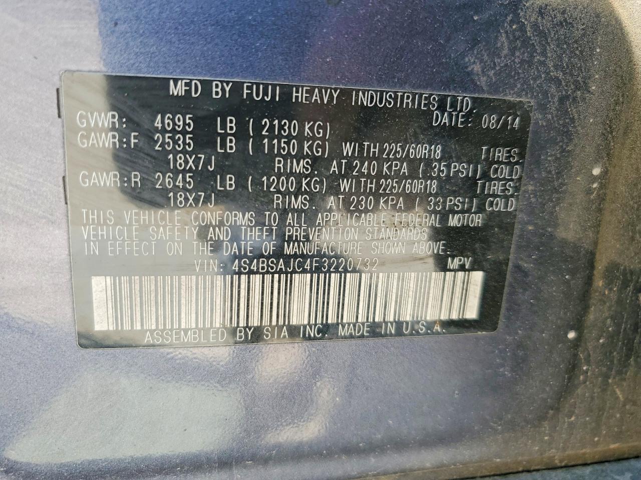 2015 Subaru Outback 2.5i Limited Gray vin: 4S4BSAJC4F3220732