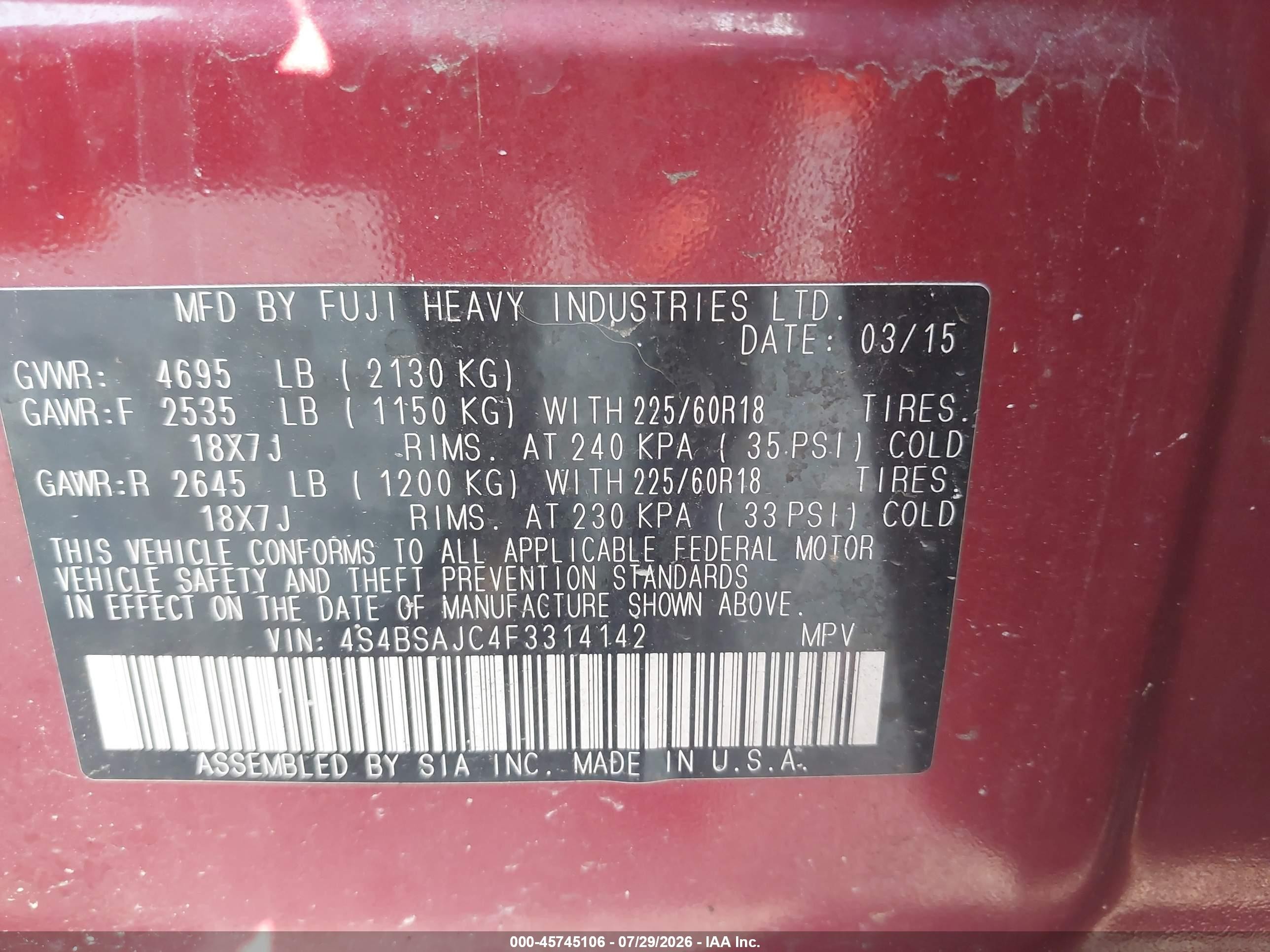 2015 Subaru Outback 2.5i Limited Burgundy vin: 4S4BSAJC4F3314142