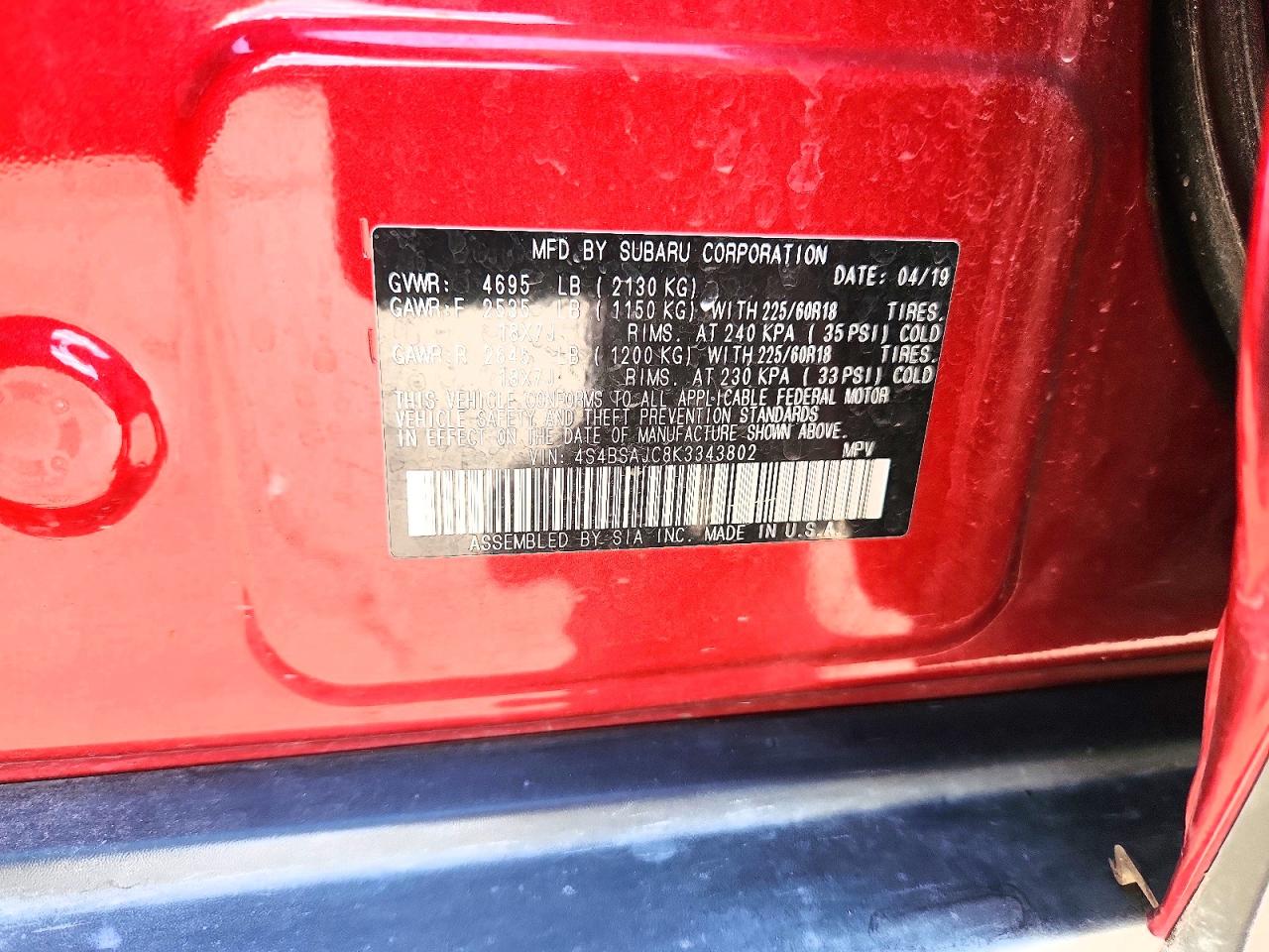 2019 Subaru Outback 2.5i Limited Red vin: 4S4BSAJC8K3343802