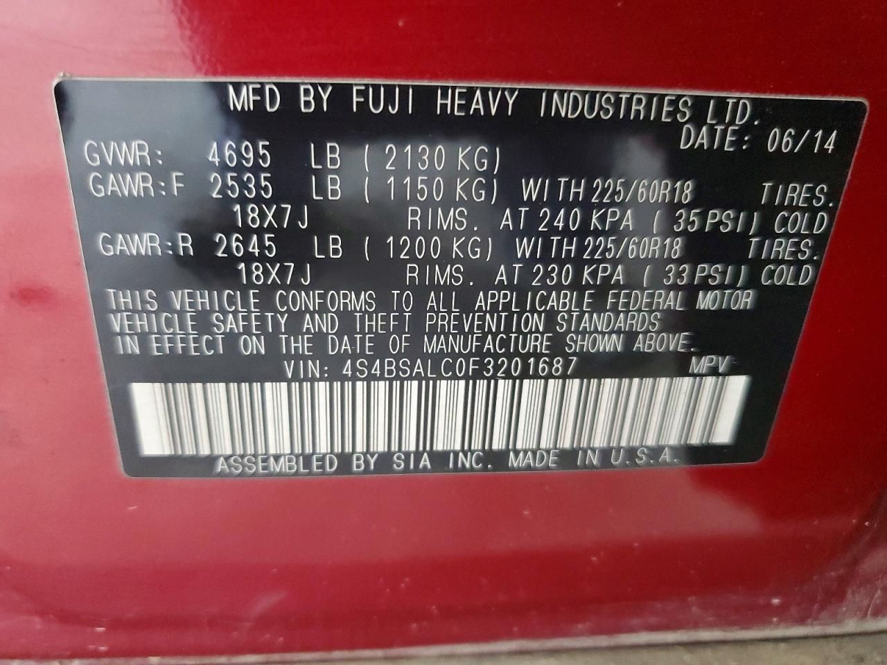 2015 Subaru Outback 2.5i Limited Red vin: 4S4BSALC0F3201687
