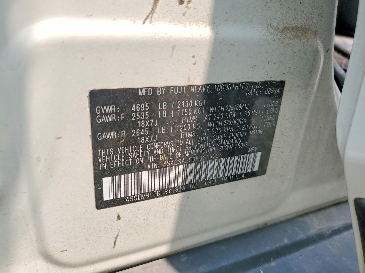 2015 Subaru Outback 2.5i Limited Белый vin: 4S4BSALC0F3215296