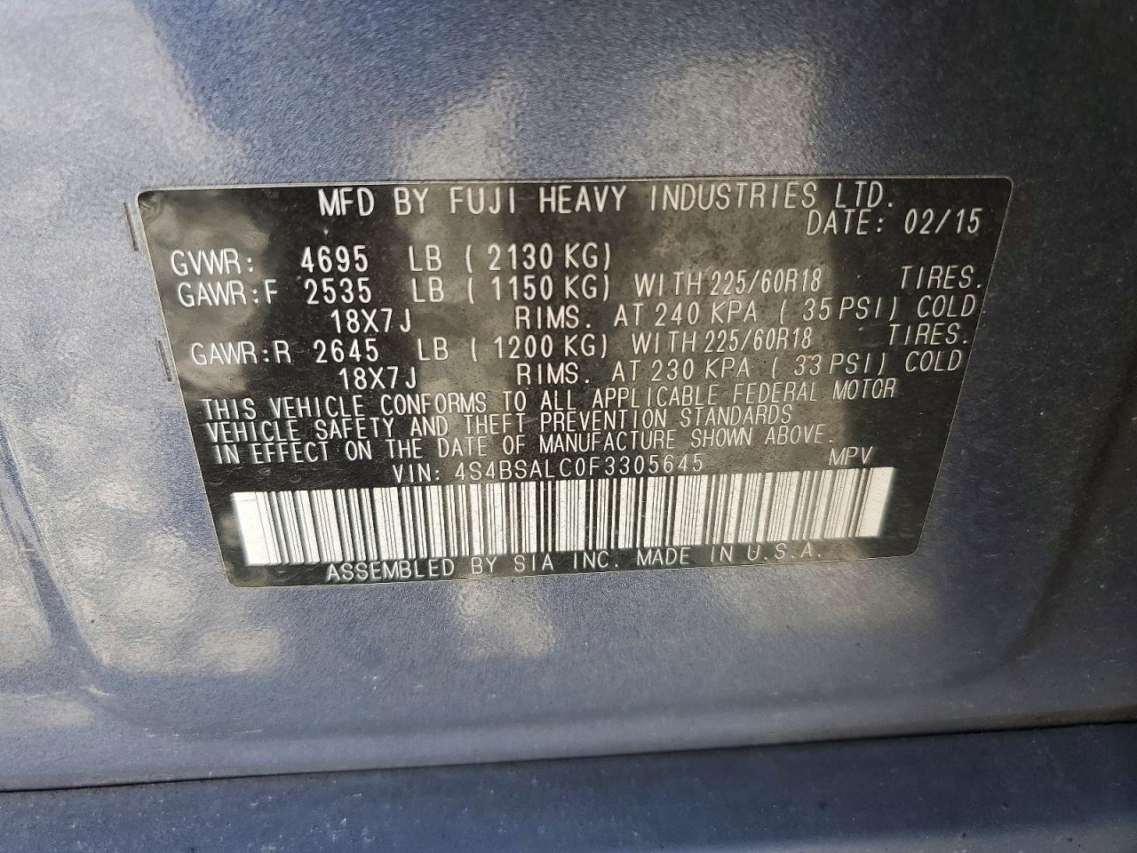 2015 Subaru Outback 2.5i Limited Blue vin: 4S4BSALC0F3305645