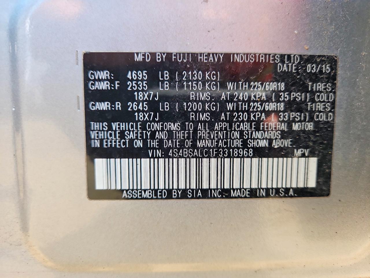 2015 Subaru Outback 2.5i Limited Серебряный vin: 4S4BSALC1F3318968