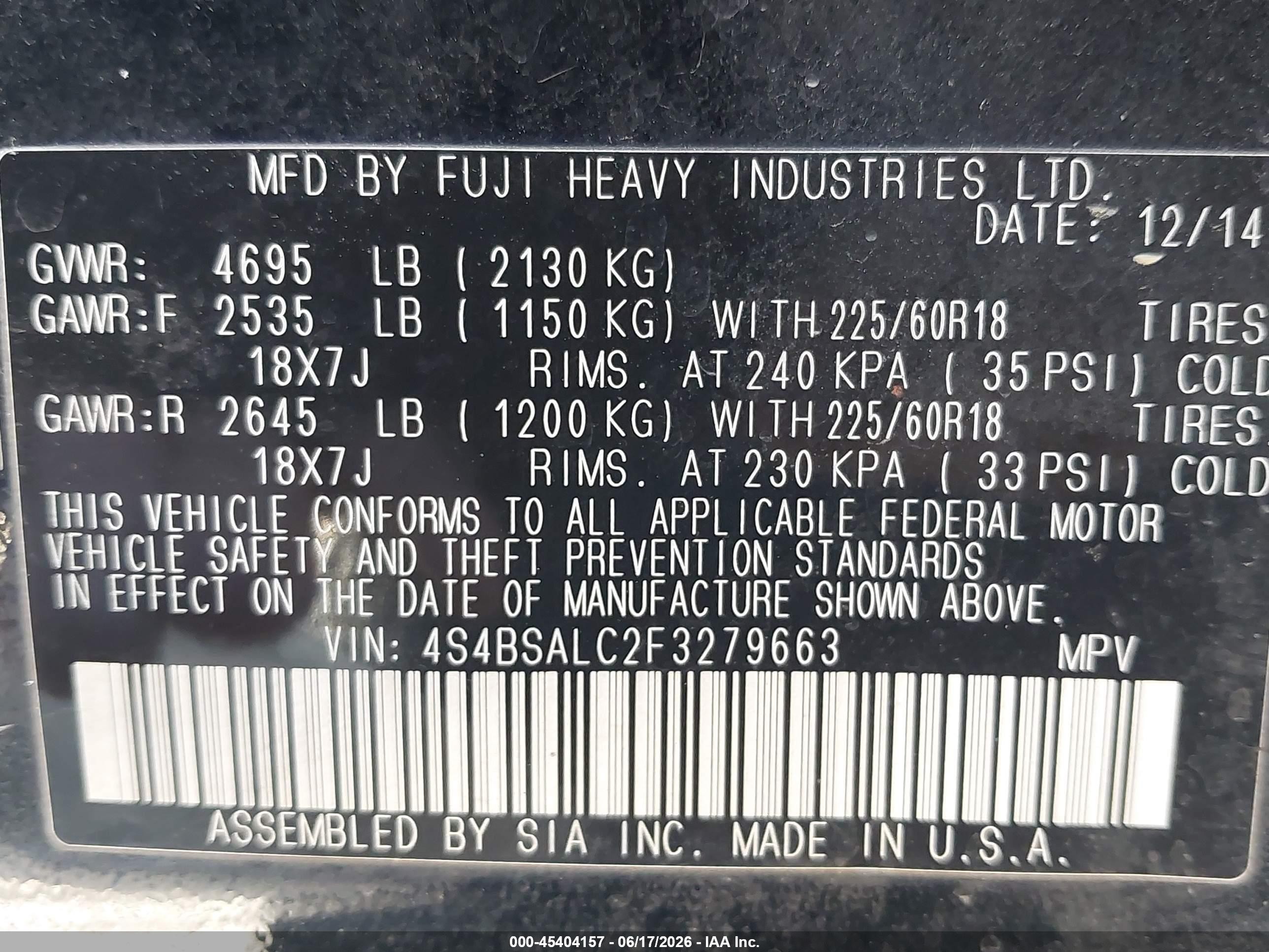 2015 Subaru Outback 2.5i Limited Black vin: 4S4BSALC2F3279663
